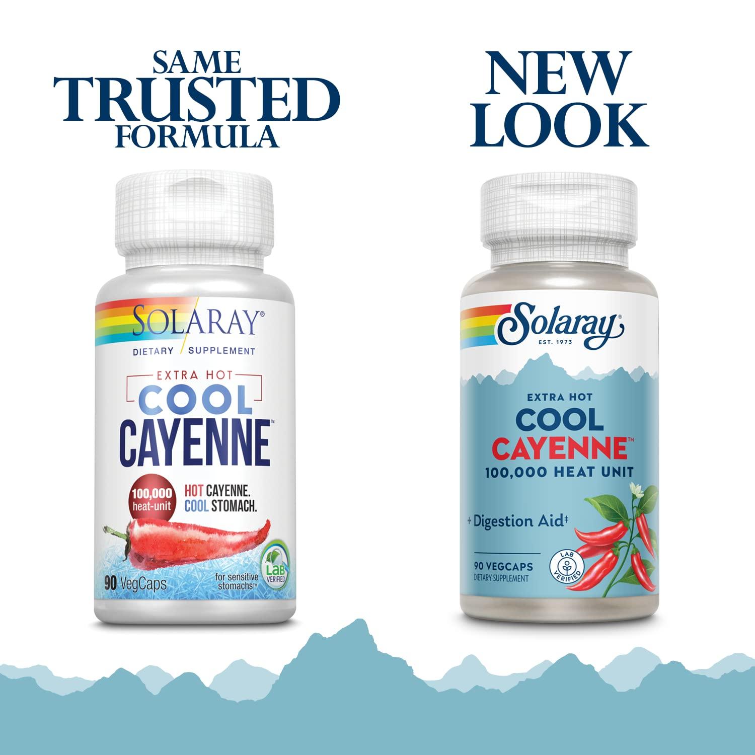 SOLARAY SOLARAY Extra Hot Cool Cayenne 100,000 HU - Traditional Folk Remedy and Digestion Aid - Bio-Cool Process - Lab Verified, GMP Facility, 60-Day Guarantee - 45 Servings, 90 VegCaps