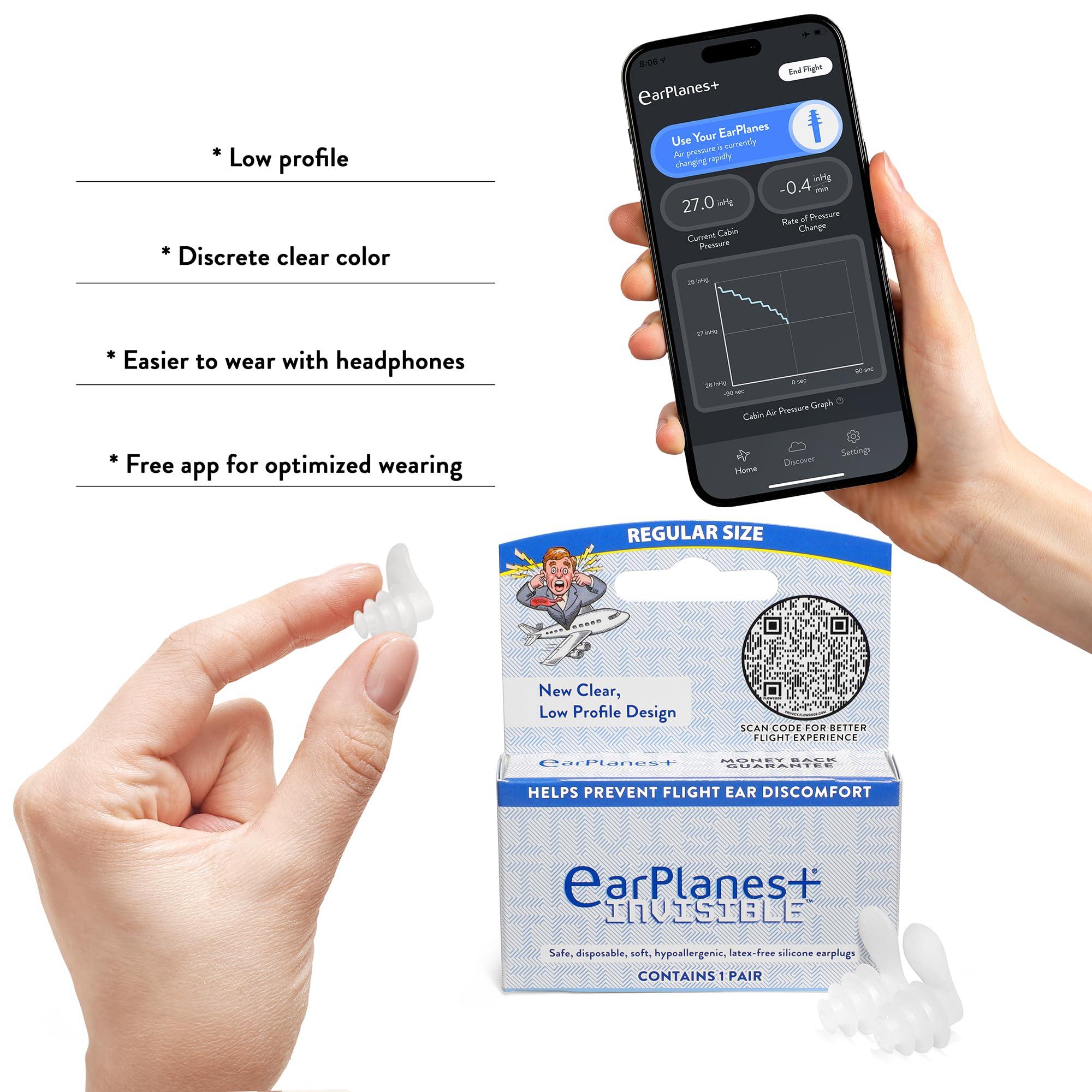 Earplanes EarPlanes+ Invisible Airplane Travel Ear Protection Clear Low-Profile Design (Adult Size, 3 Count)
