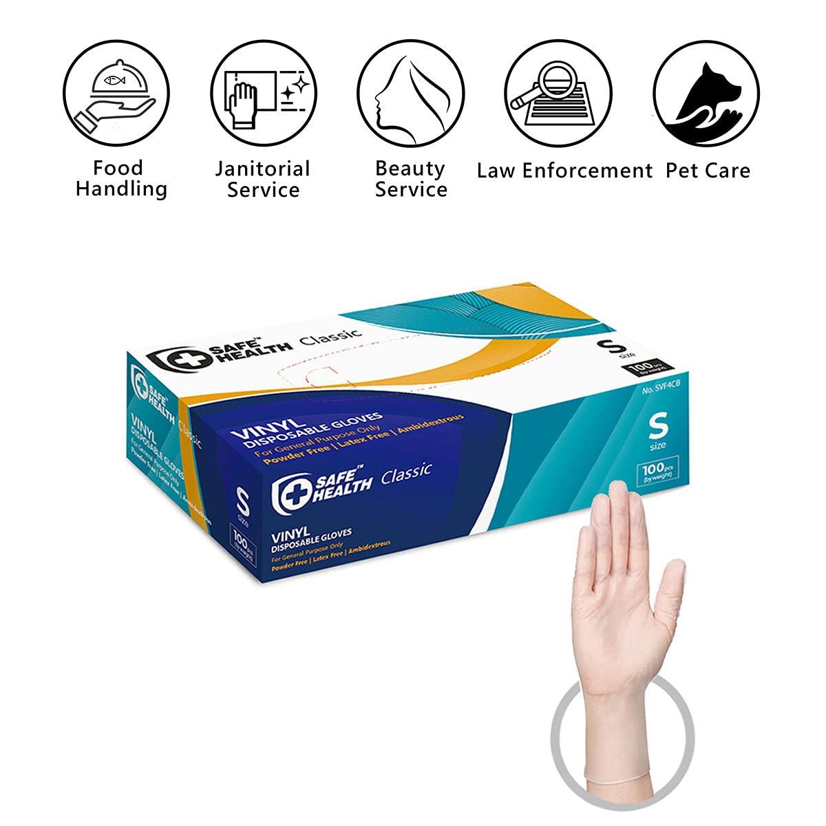 Safe Health Safe Health Vinyl Disposable Gloves, Food Safe, Latex Free, Powder Free, Clear, Box of 100, Small, 3 mil, Cleaning, Salon, Service, Office, Household, Daily