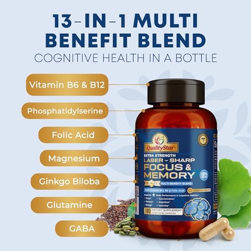 QualityStar QualityStar Focus and Memory Vitamins, 13-in1 Multi-Benefit Blend for Cognitive and Brain Health, Memory Supplement for Brain, 180 Vegetarian Capsules - 60 Day Supply