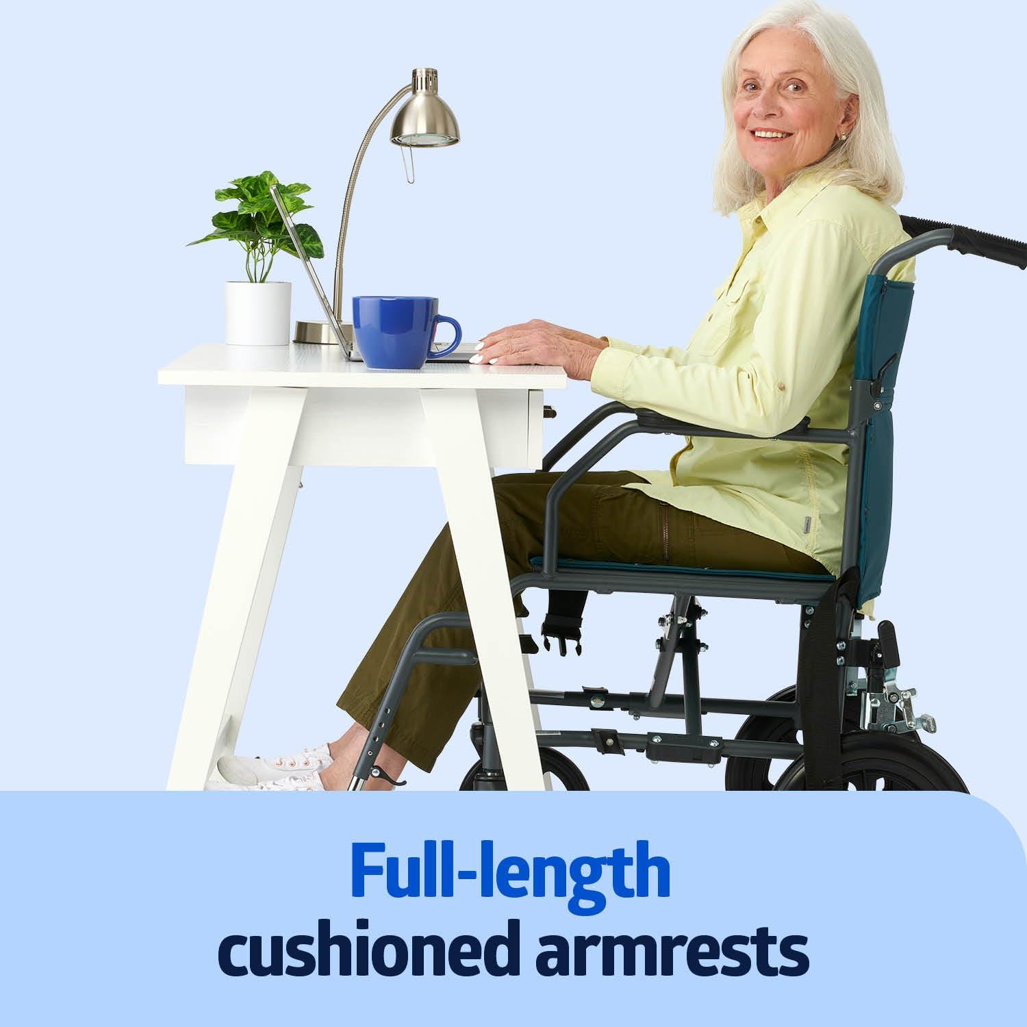 Medline Medline Durable Folding Steel Transport Wheelchair with 12-Inch Wheels, 19-Inch Seat Width, Gray Frame, Microban, Teal Upholstery