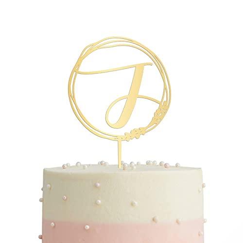 Vinisong Personalized Letter J Cake Topper, Vinisong Rustic Wedding Cake Topper Initial Cake Topper Monogram Cake Topper Wreath Design Cake Decoration Gold Acrylic Cake Decor Party Decoration
