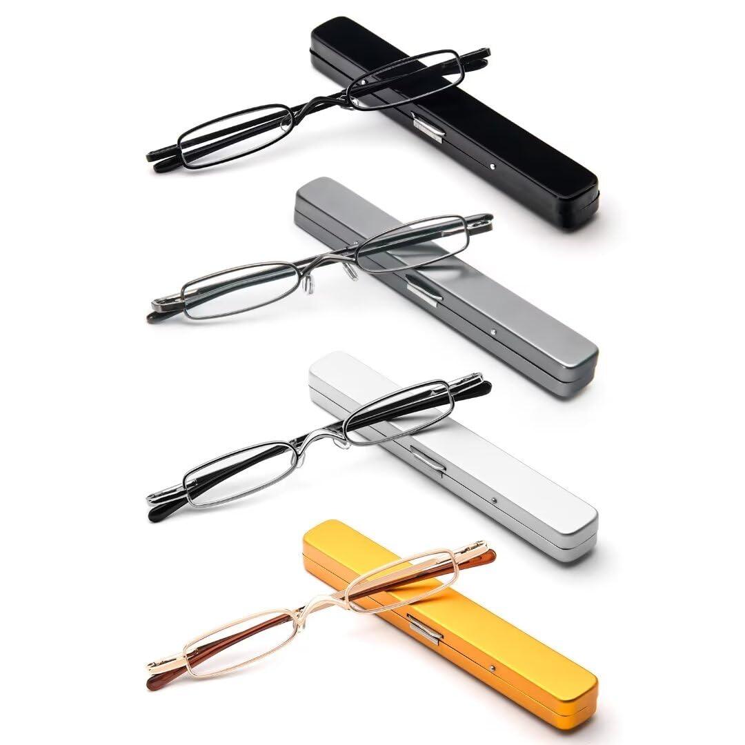MMOWW Small Reading Glasses Men Women 4 Pairs Slim Pocket Readers with Pen Clip Metal Case Spring Hinge +2.5