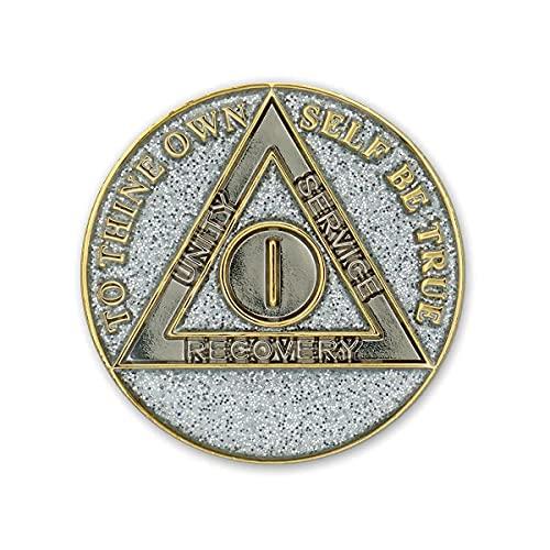 The Token Shop 1 Year Sobriety Coin | Glitter Triplate AA Chip Recovery Anniversary Token (Silver)