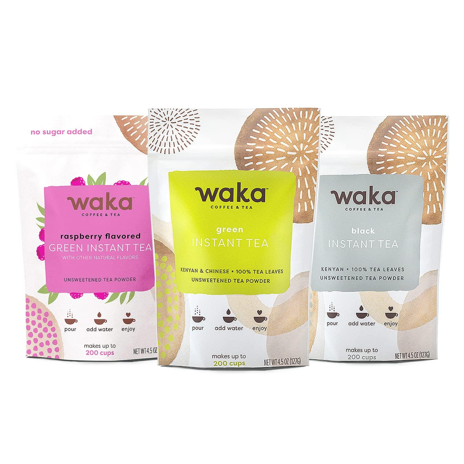 Waka Coffee Waka Instant Tea Mix, 3 Bag Bundle - 100% Tea Leaves, No Additives, Unsweetened Tea Powders - Kenyan Black, Classic Green, Raspberry Flavored Green (4.5oz Each)