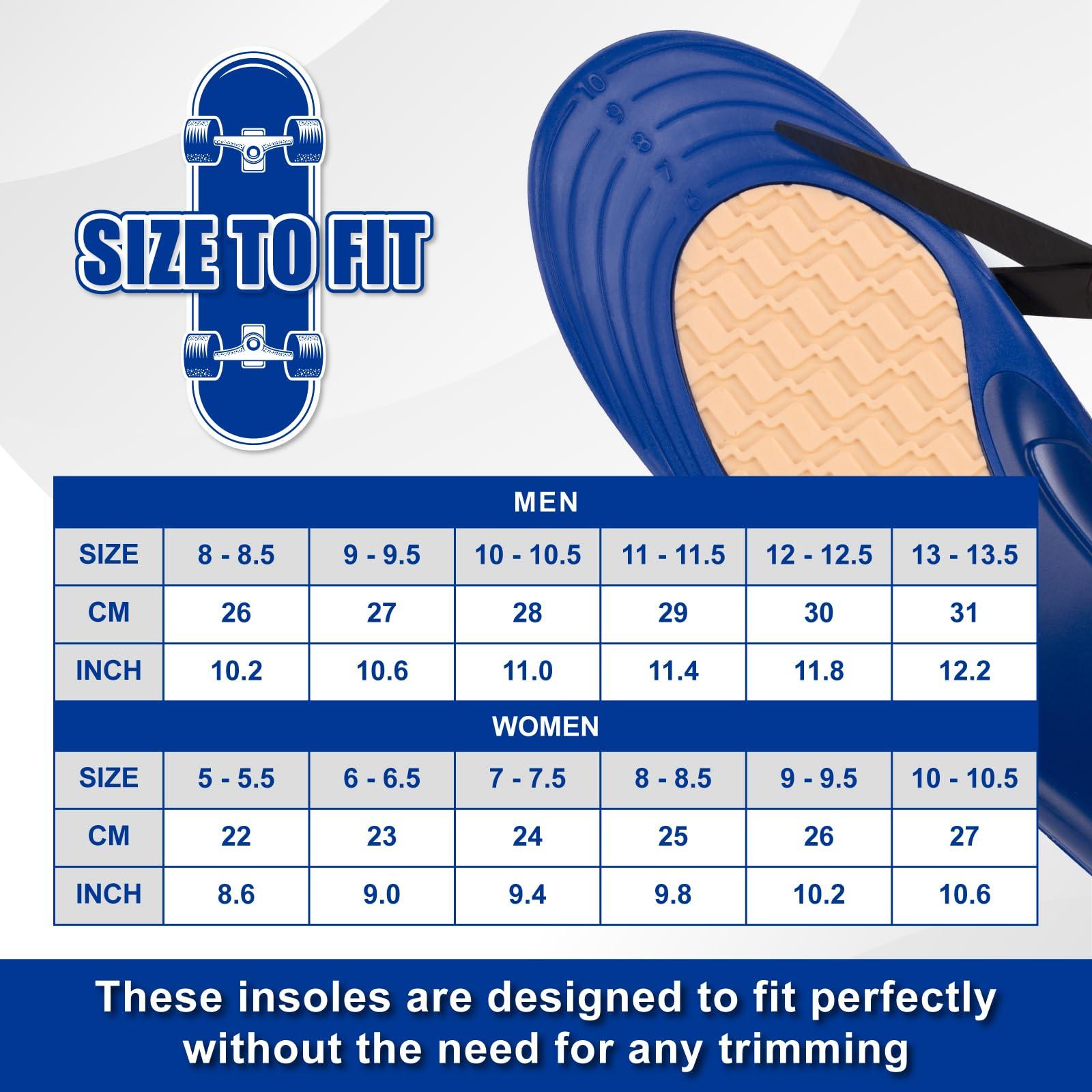 GED Skateboarding Shoe Insoles for Women, GED Sports Inserts for Skate Sneakers and Athletic Activity, Orthotic Insoles for Stability, Cushioning, Shock Absorbing, Arch Support, Protection US 6-6.5