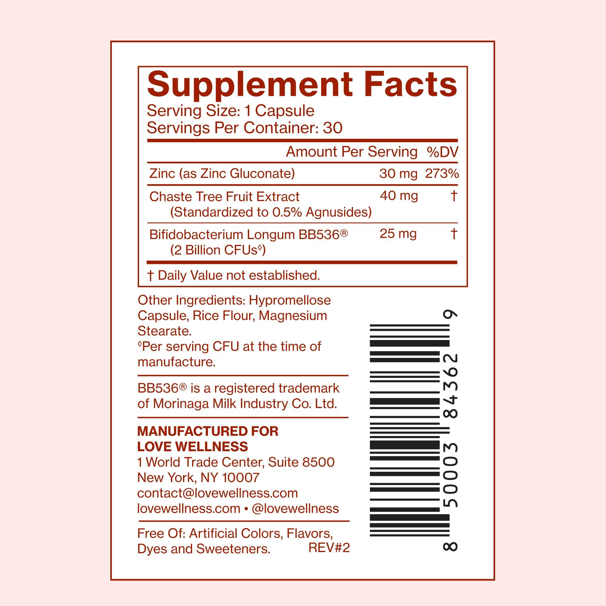 Love Wellness Love Wellness Clear Skin Probiotic | Clear Up Hormonal Acne Pimples, Redness & Pore Minimizer | Skin Care with Zinc, Bifidobacterium Longum & Chaste Tree Fruit Extract | Acne Treatment | 30 Count