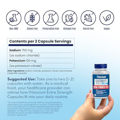 Vitassium Vitassium Extra Strength Electrolyte Capsules, 750mg of Sodium for The Management of POTS and High Sodium Diets, Unflavored, 100 Salt Pills (Size 00)