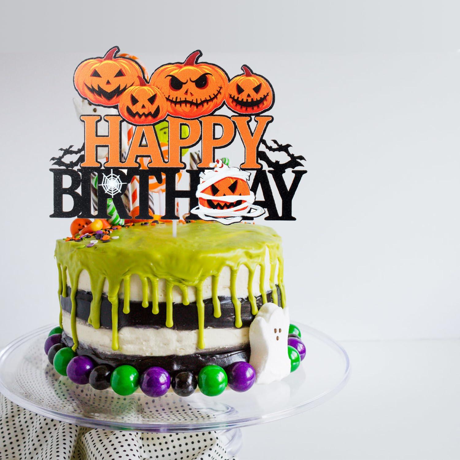 LHCING Halloween Happy Birthday Cake Topper - Halloween Birthday Pumpkins Black Glitter Cake Topper - Halloween Kids Birthday Party Friday The 13th Party Cake Derocation