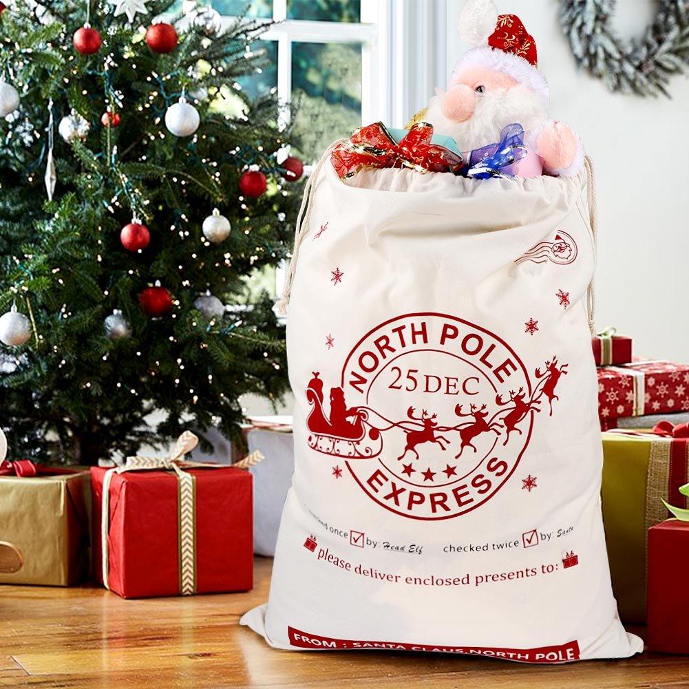 OurWarm OurWarm 2Pcs Santa Sacks Canvas Bags with Drawstring Christmas Bag Large Santa Bags for Kids 19 x 27 Inch Xmas Presents Storage