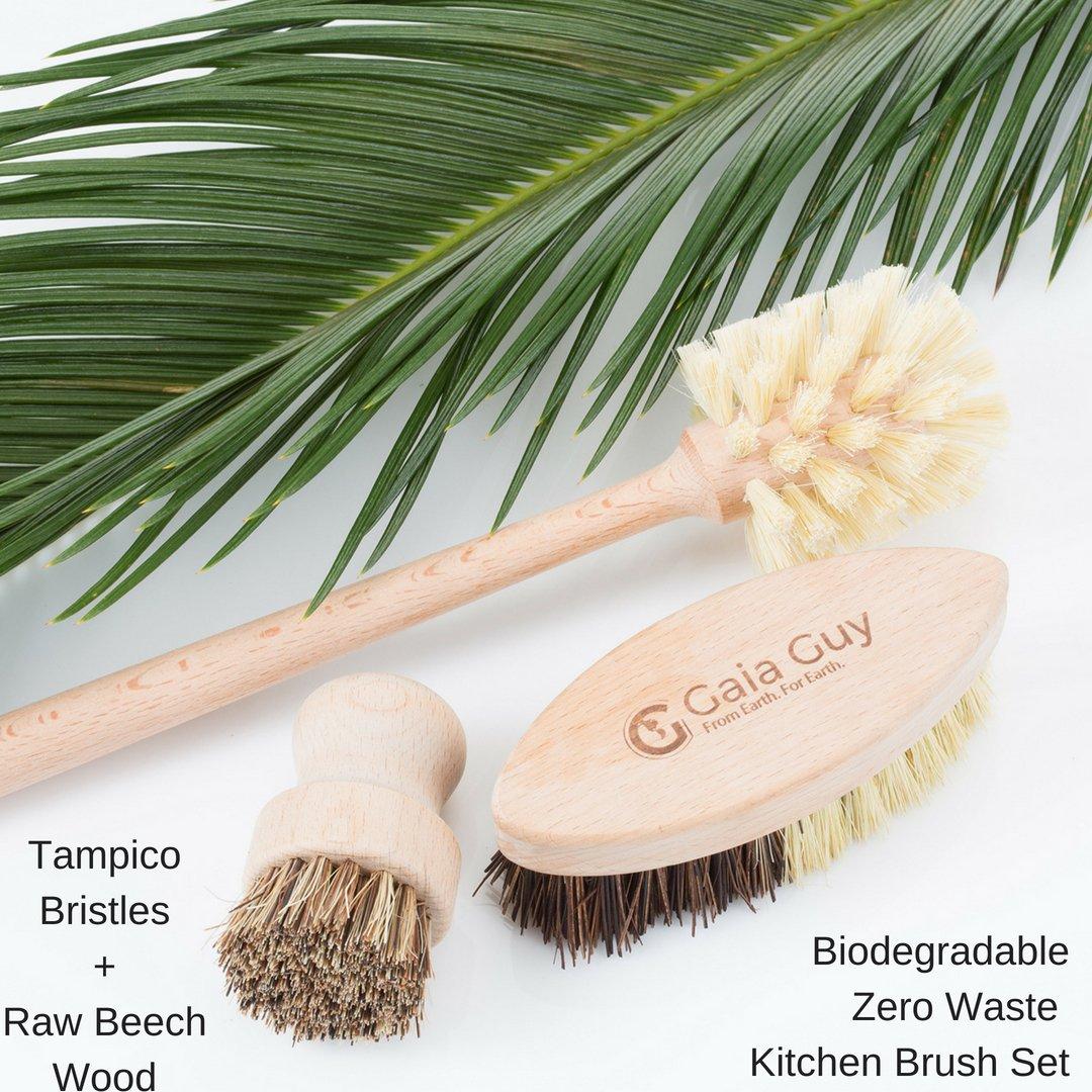 Gaia Guy Zero Waste Kitchen and Bath Set - Wood Handled Brushes with Natural Bristles and Loofah Sponges