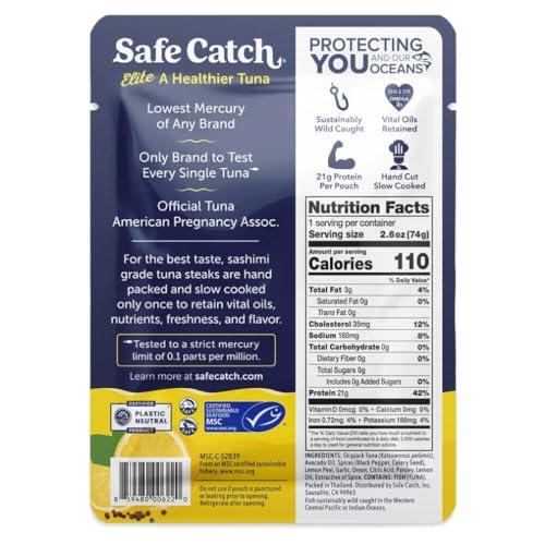 Safe Catch Safe Catch Elite Lowest Mercury Wild-Caught Tuna Pouch Citrus Pepper Seasoned Fish, Gluten-Free, Paleo, Keto, Non-GMO, High Protein Food, 2.6oz Packets, Pack of 12