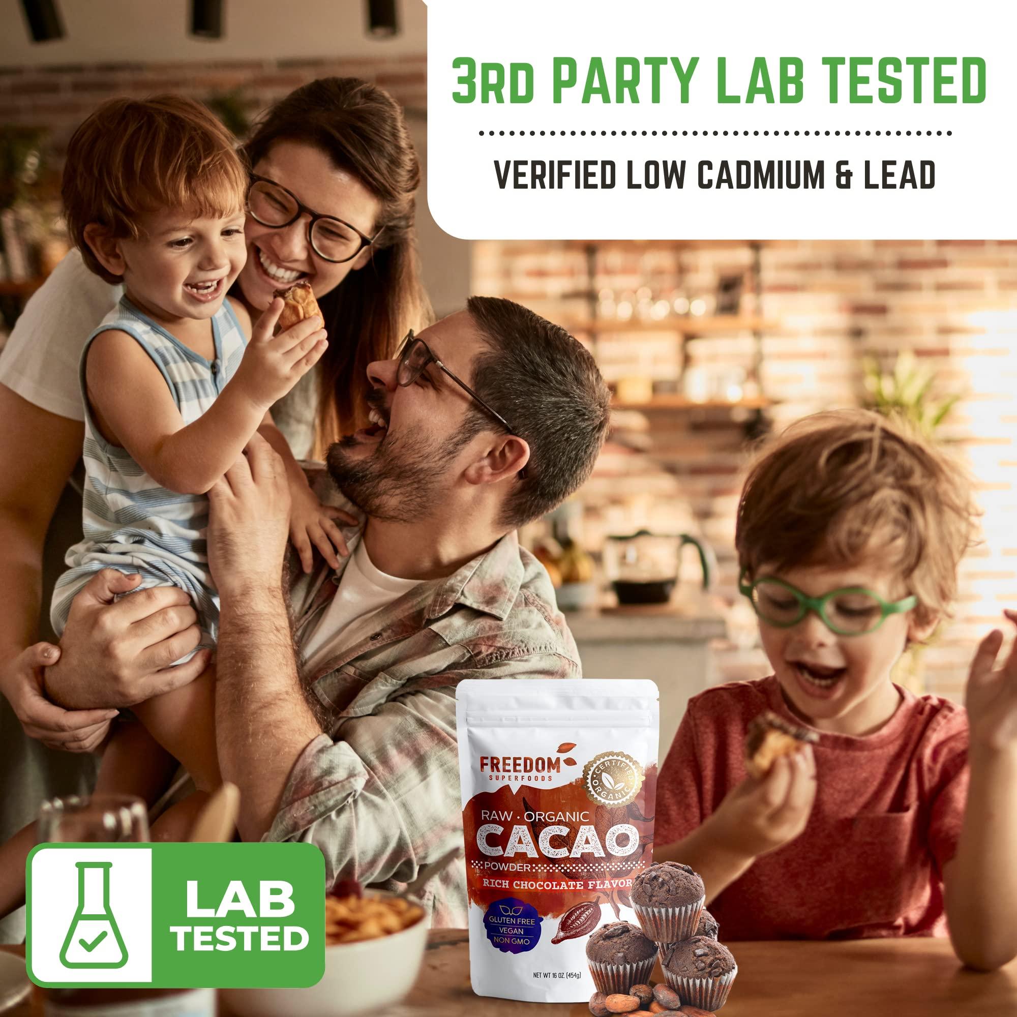 Freedom Superfoods Cacao Powder Organic Raw - Natural Unsweetened Cocoa - Rich Dark Chocolate Taste - Make Sugar-Free, Vegan, Keto & Gluten-Free Hot Chocolates and Recipes - 1lb/ 16oz