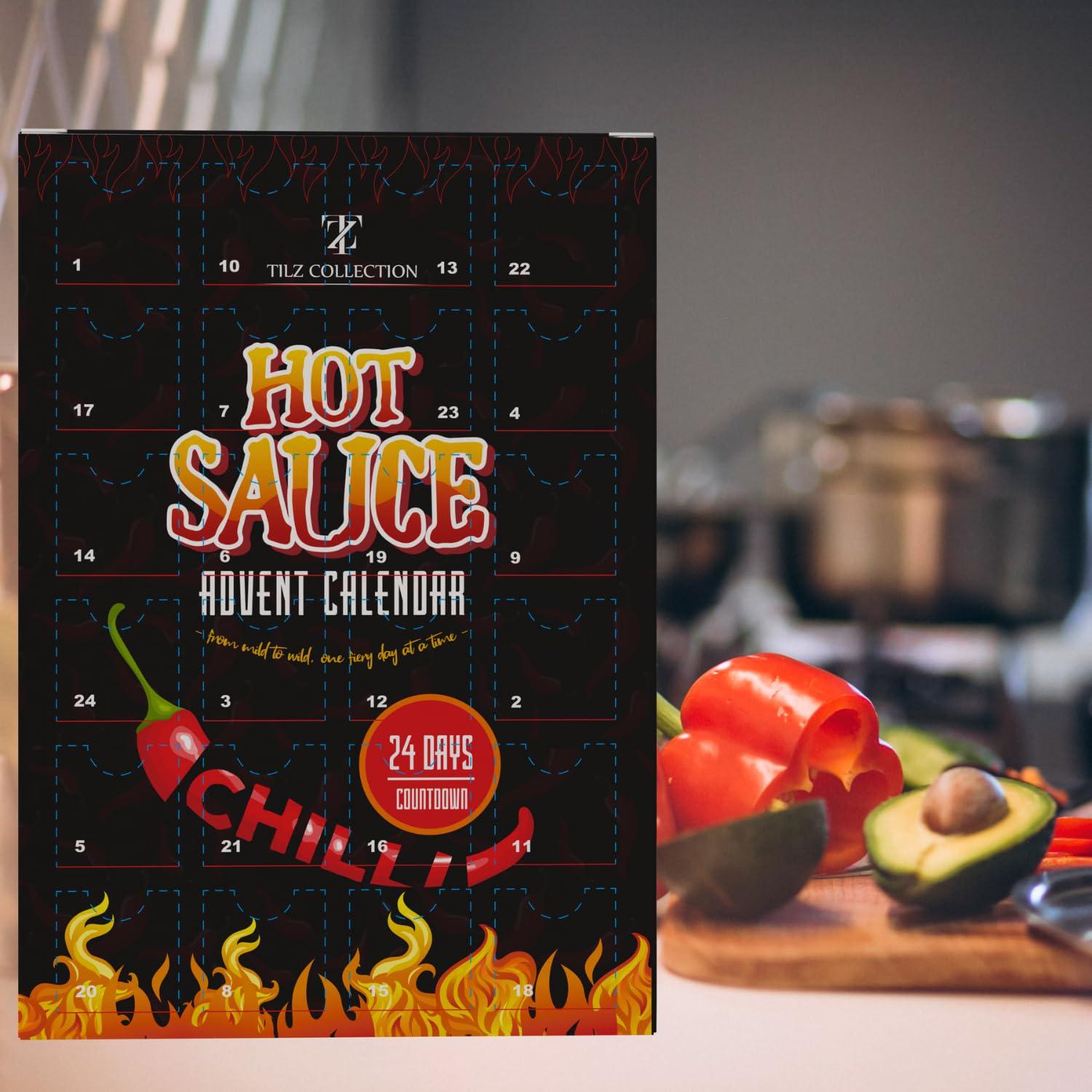 TILZ COLLECTION Hot Sauce Advent Calendar 2024-24 Days Chilli Sauce Advent Calendar, Food Advent Calendar 2024 Men, Hot Sauce Set, Non-chocolate Advent Calendar Women, Chilli Challenge Hot Sauce (Black)