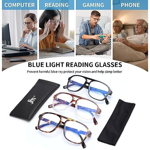 JM JM 3 Pack Oversized Aviator Reading Glasses for Women Men, Retro Square Blue Light Computer Readers +0.0