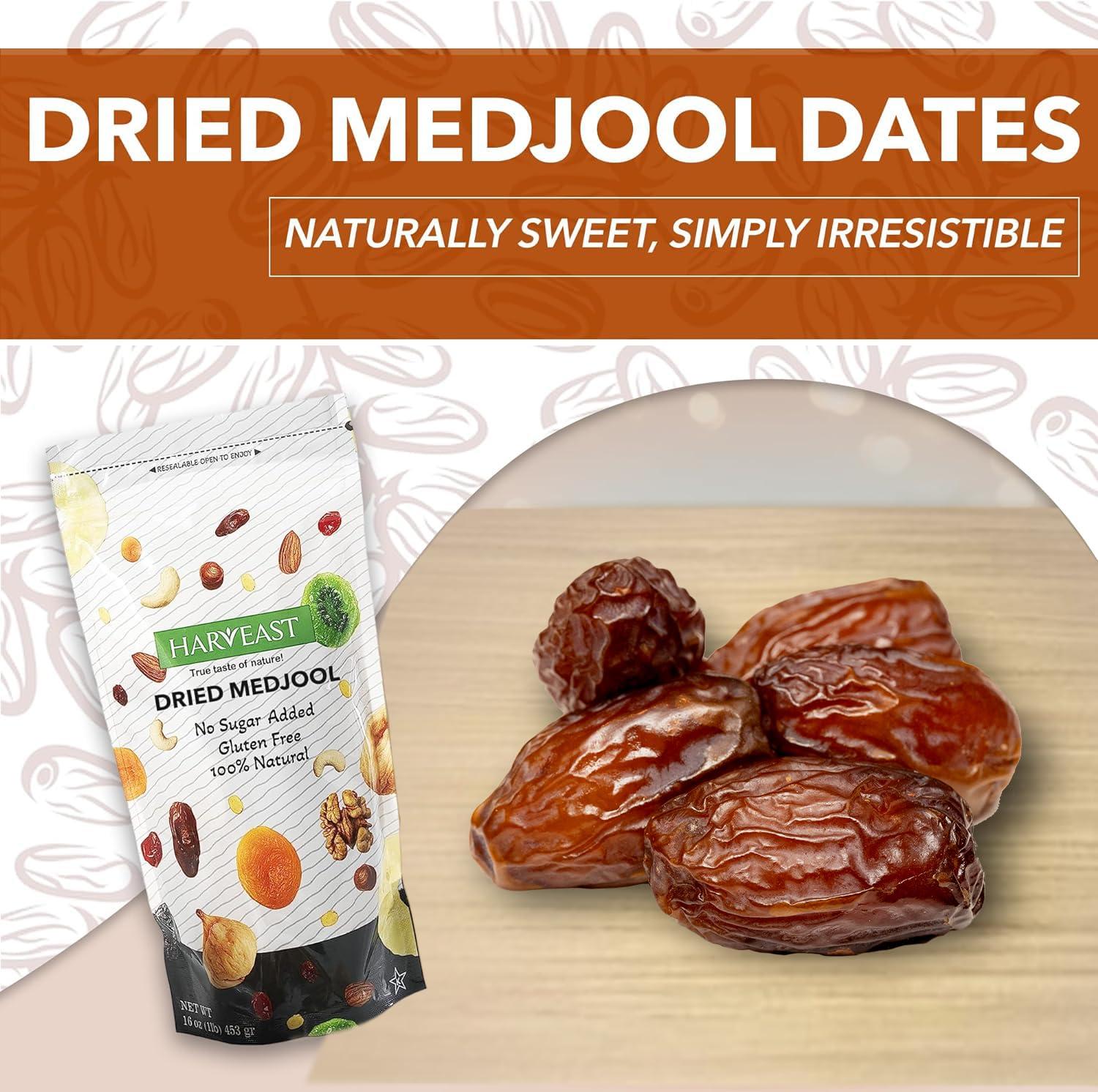 HARVEAST Harveast Organic Medjool Dates California Grown Jumbo Dates, Naturally Sweet, Healthy Snacking, Caramel Flavor, Pesticide, Free No Sugar Added Resealable Bag for Freshness, Baking (1 pounds)