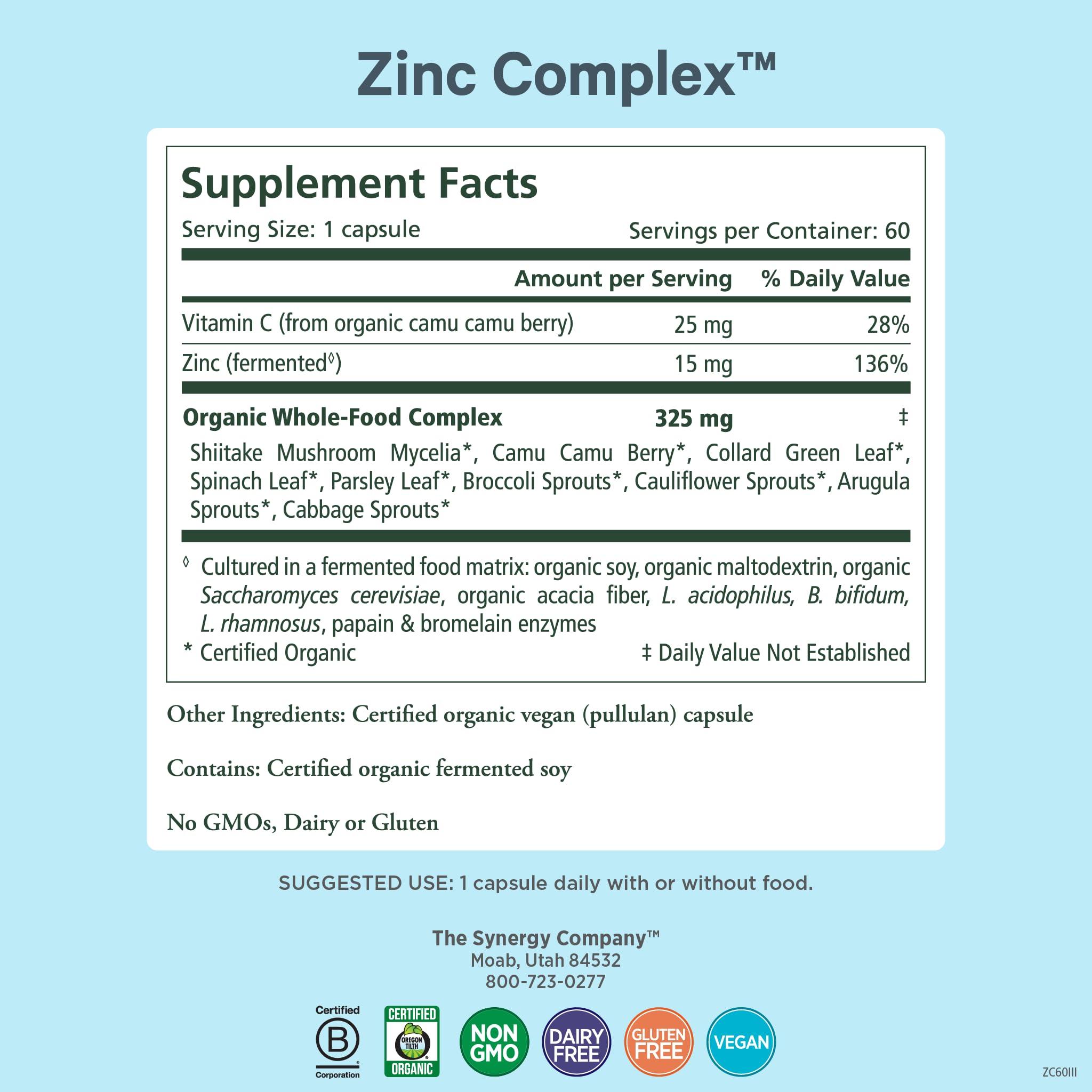 PURE SYNERGY PURE SYNERGY Zinc Complex | Zinc Immune Support Supplement | Natural, Vegan Zinc Complex with Vitamin C and Organic Whole Foods | for Immune, Brain, and Skin Health (60 Capsules)
