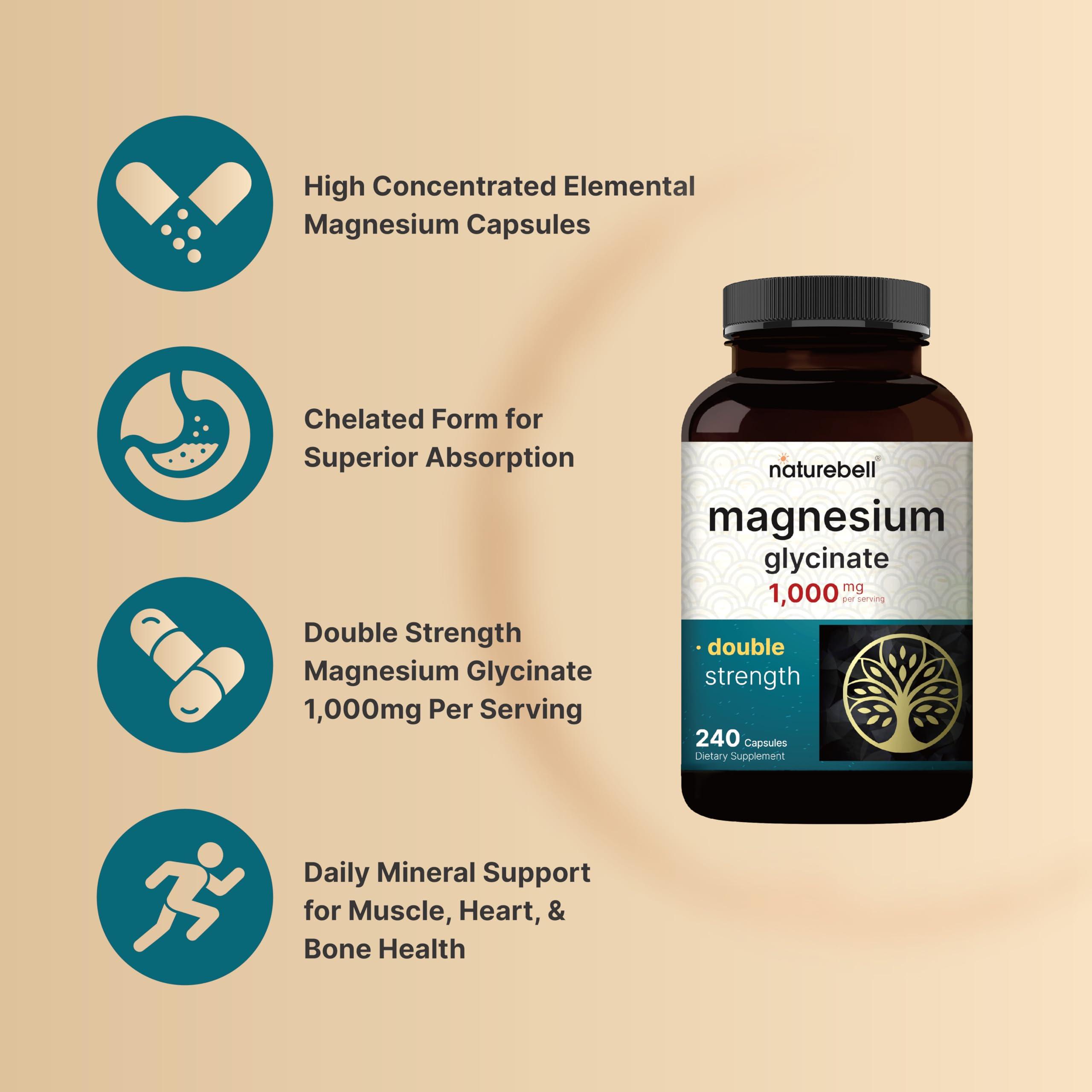 NatureBell NatureBell Magnesium Glycinate Supplement 1,000mg | 500mg Per Capsule, 240 Pills | 100% Chelated & Purified Non-GMO & Gluten Free