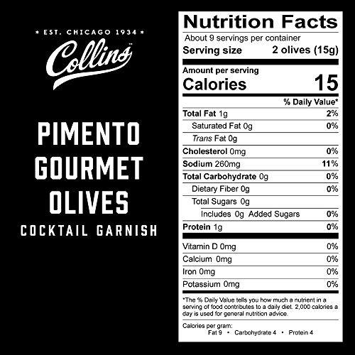 Collins Collins Pimento Stuffed Olives - Gourmet Cocktail Olives - Spanish Queen Olives with Pimento Pepper, Dirty Martini cocktail and Condiment Olives 4.5oz