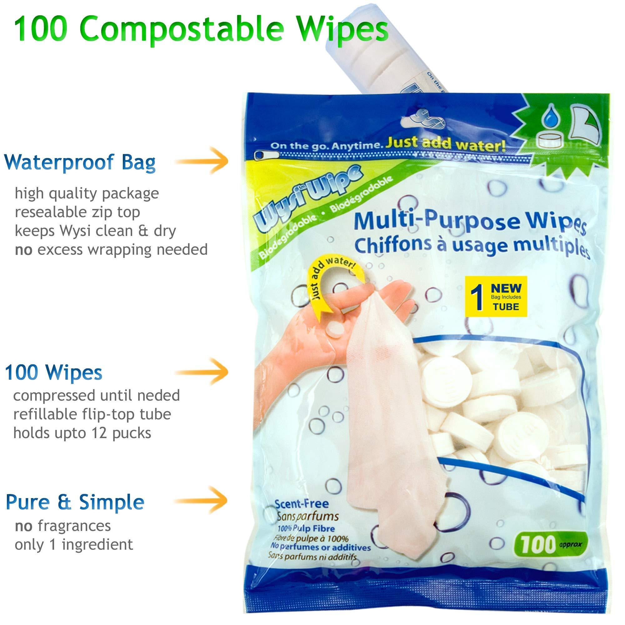 WYSI WYSI Multi-Purpose Wipes - Just Add Water - 100 Compressed Tablets & 1 To Go Tube - Multipurpose All Natural Reusable Wipes - Biodegradable Towelettes - Hypoallergenic - Compostable - Scent-Free