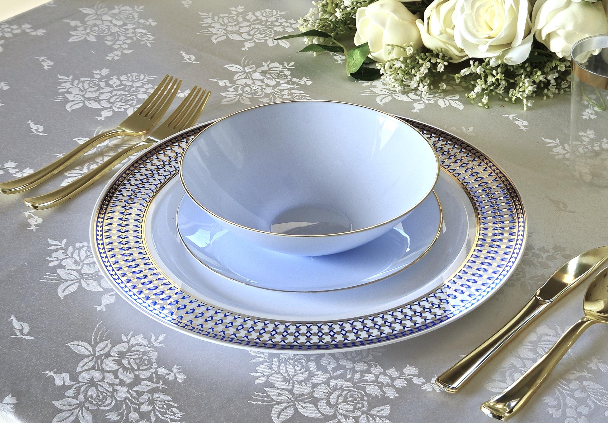 OCCASIONS FINEST PLASTIC TABLEWARE " OCCASIONS " 60 Plates Pack, Heavyweight Disposable Wedding Party Plastic Plates (7.5'' Appetizer/Dessert Plate, Odyssey in White/Blue & Gold)