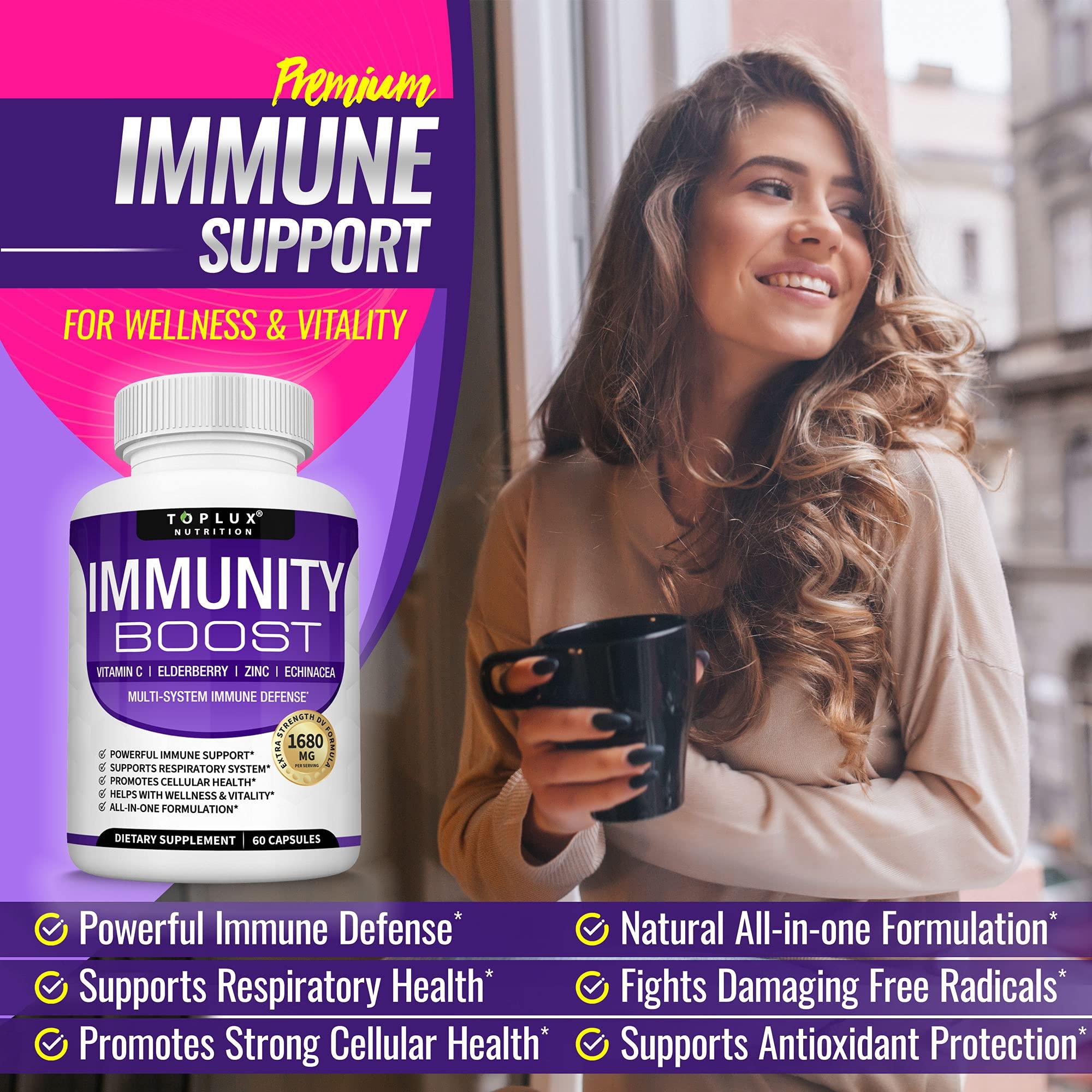 Toplux 10 in 1 Immunity Boost Immune Support Supplement – 1650mg Made with Elderberry, Vitamin C, Zinc, Echinacea & Probiotics for Immune System Booster, Support Healthy Respiratory System, 2x 60 Capsule