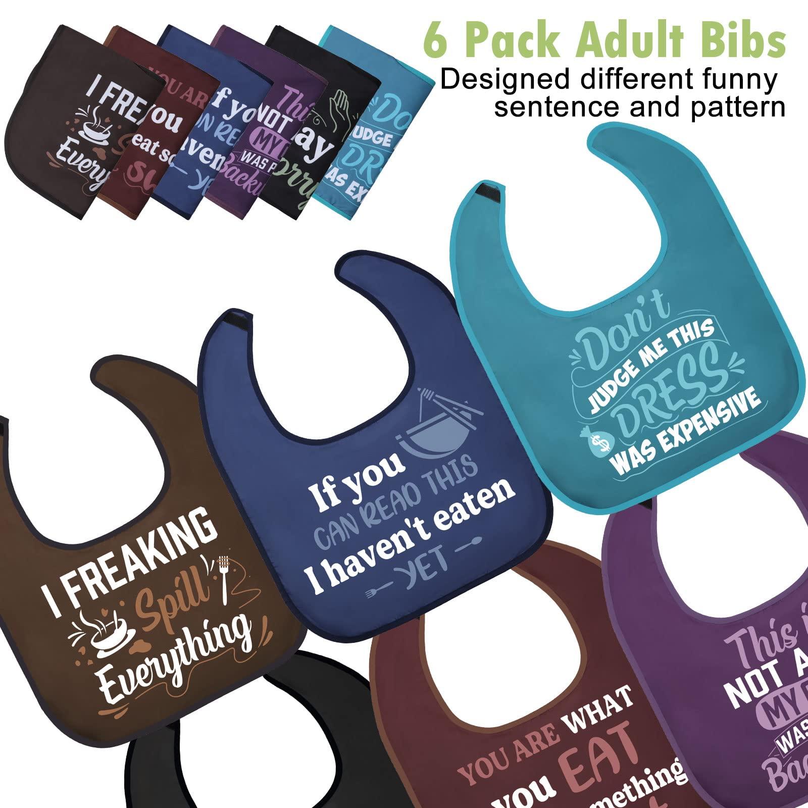 Eurzom 6 Pcs Funny Adult Bibs for Eating Washable Reusable Dining Clothing Protectors Waterproof Elderly Bibs for Men Women Adults Gag Gifts, 6 Designs