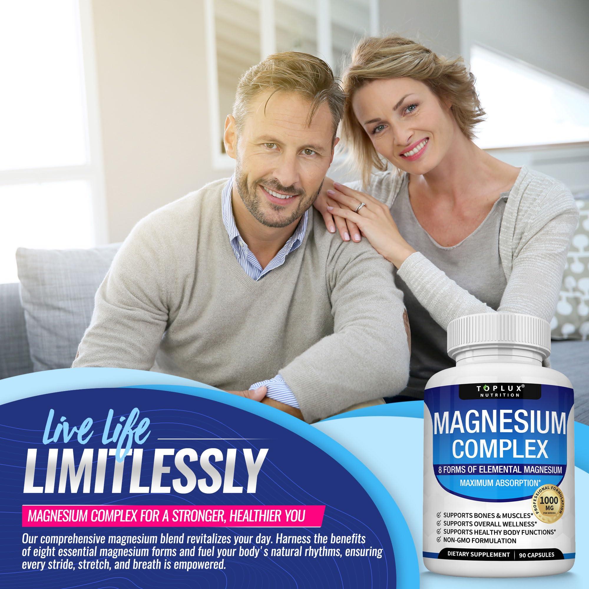 Toplux Magnesium Complex Supplement 8 Elemental Magnesium 1000mg - Magnesium Glycinate, Citrate, Malate, Taurate, Chelated for Easy Absorption for Bones, Muscle, Recovery, Energy, Vegan Non-GMO 90 Capsules