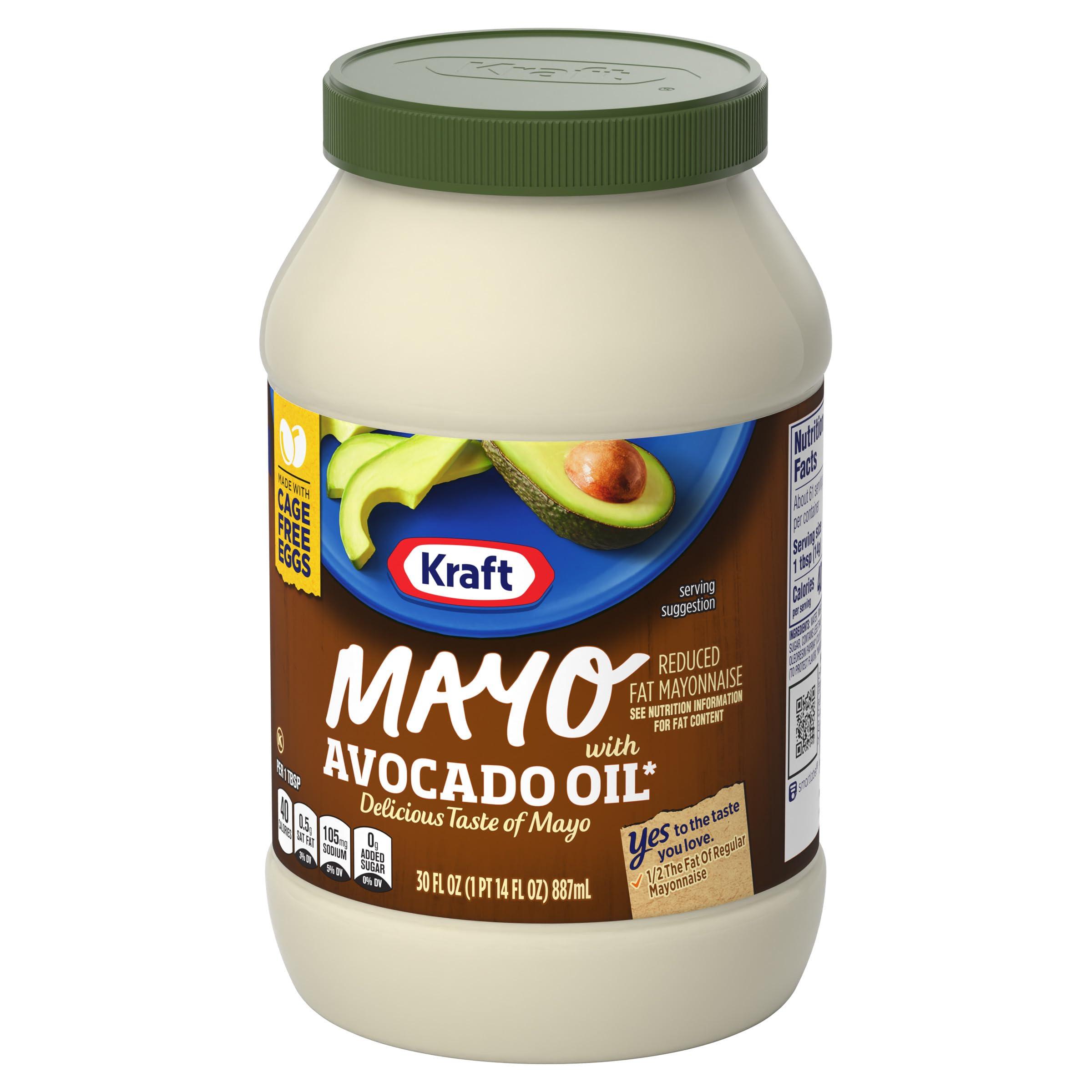 Kraft Kraft Mayo with Avocado Oil Reduced Fat Mayonnaise - Classic Creamy Condiment for Sandwiches and Salads, Made with Cage-Free Eggs, For a Keto and Low Carb Lifestyle, 30 fl oz Jar