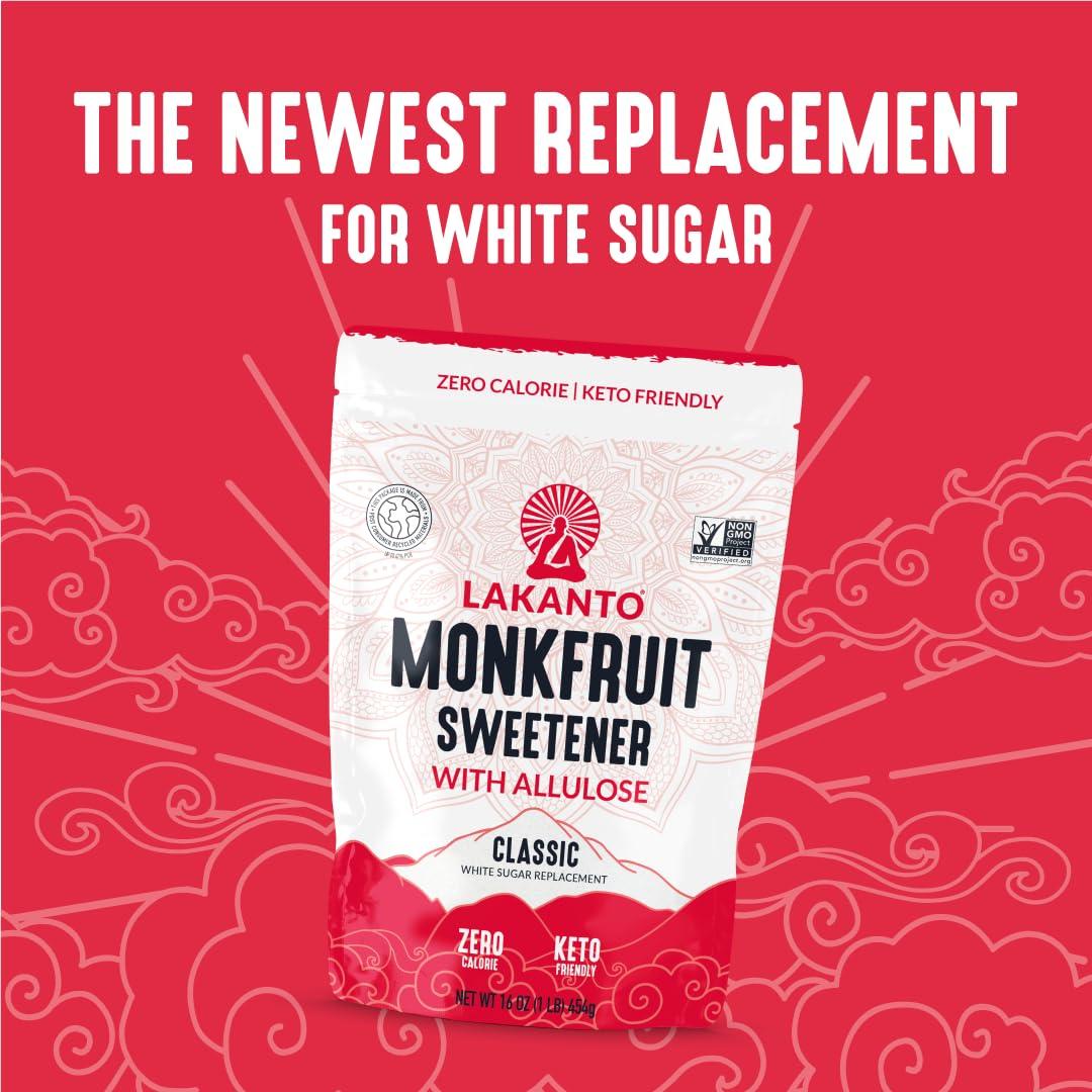Lakanto Lakanto Classic Monk Fruit Sweetener With Allulose, White Sugar Substitute From Monk Fruit Extract for Baking, Coffee & Tea, Gluten Free, Zero Calorie, Low Carb, Non GMO, Keto, Classic White, 1 LB Bag