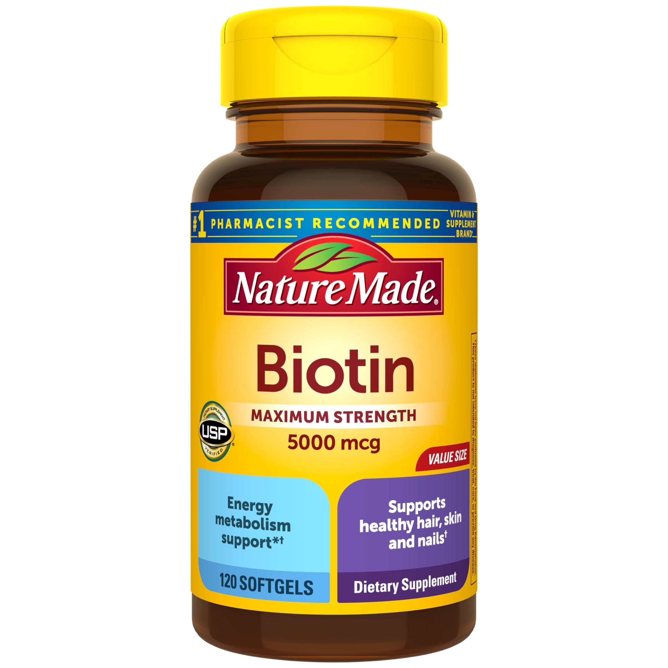 Nature Made Nature Made Maximum Strength Biotin 5000 mcg, Dietary Supplement may help support Healthy Hair, Skin & Nails, 120 Softgels