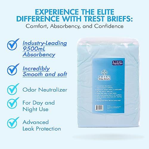 Trest TREST Elite Briefs for Men and Women, Overnight Diapers for Incontinence, Elite Absorbency, Comfortable, Odor Neutralizing and Secure Fit with 2 Wide Tabs - Blue, Large (Pack of 2)