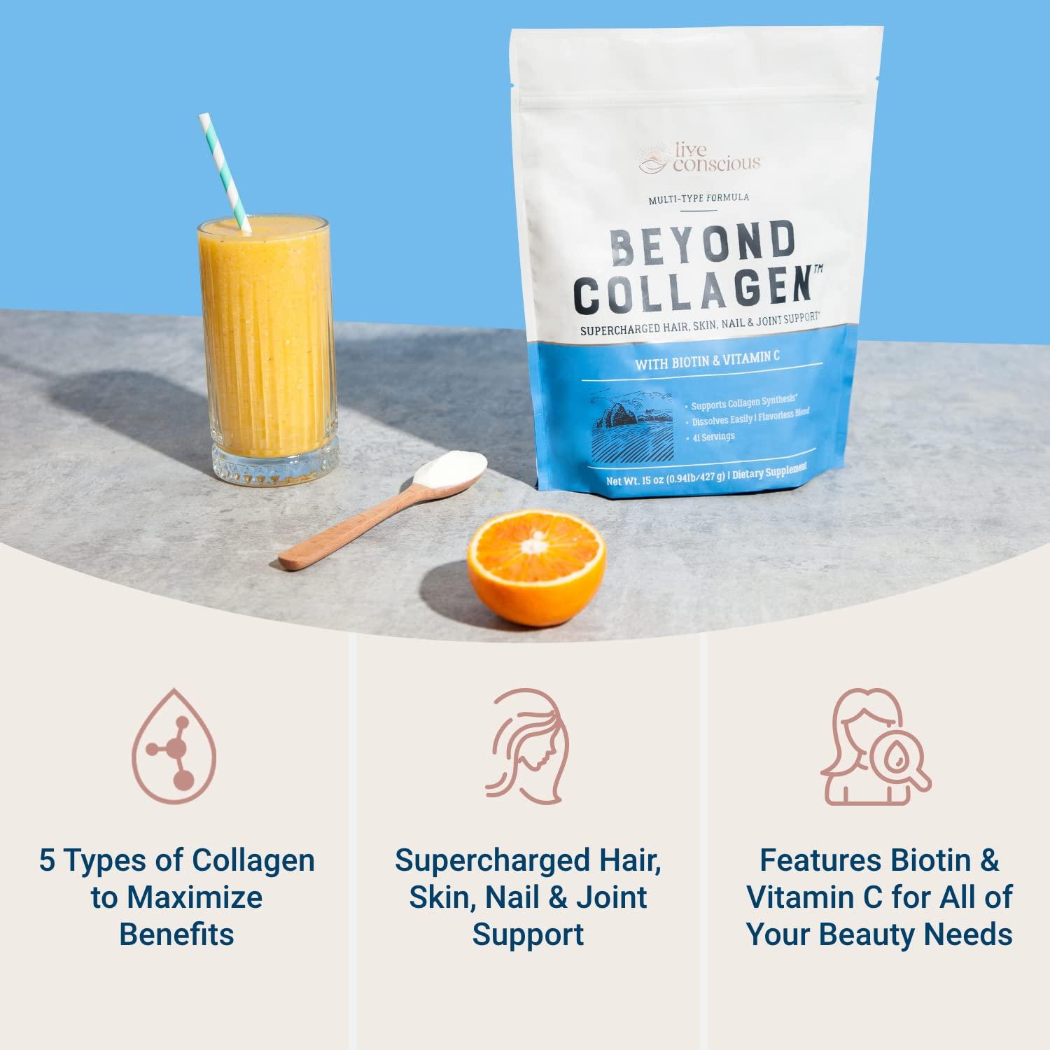 Live Conscious Live Conscious Beyond Collagen Multi Collagen Powder for Women w/Types I, II, III, V & X - Keto Friendly, Hydrolyzed Collagen Peptides Powder Blend w/Biotin & Vitamin C 41 Servings