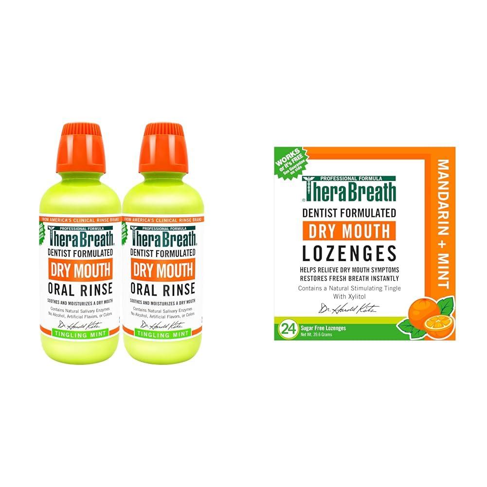 TheraBreath TheraBreath Dry Mouth Oral Rinse, Tingling Mint, Dentist Formulated, 16 Fl Oz (2-Pack) & Dry Mouth Dentist Formulated Sugar-Free Lozenges, Mandarin Mint, 24 Count