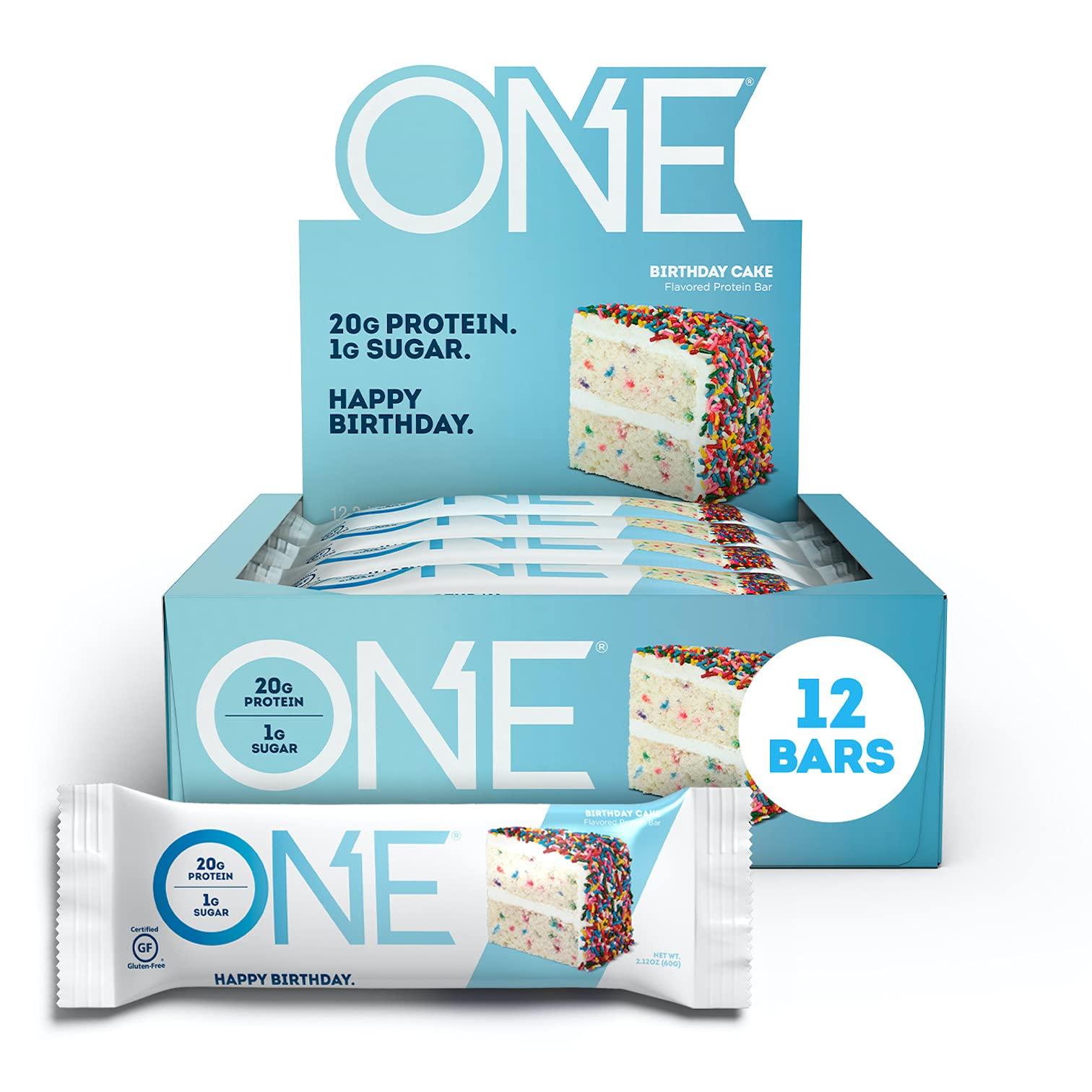 ONE ONE Protein Bars, Birthday Cake & Fruity Cereal, Gluten Free with 20g Protein, 1g Sugar, 2.12 Oz, 12 Count