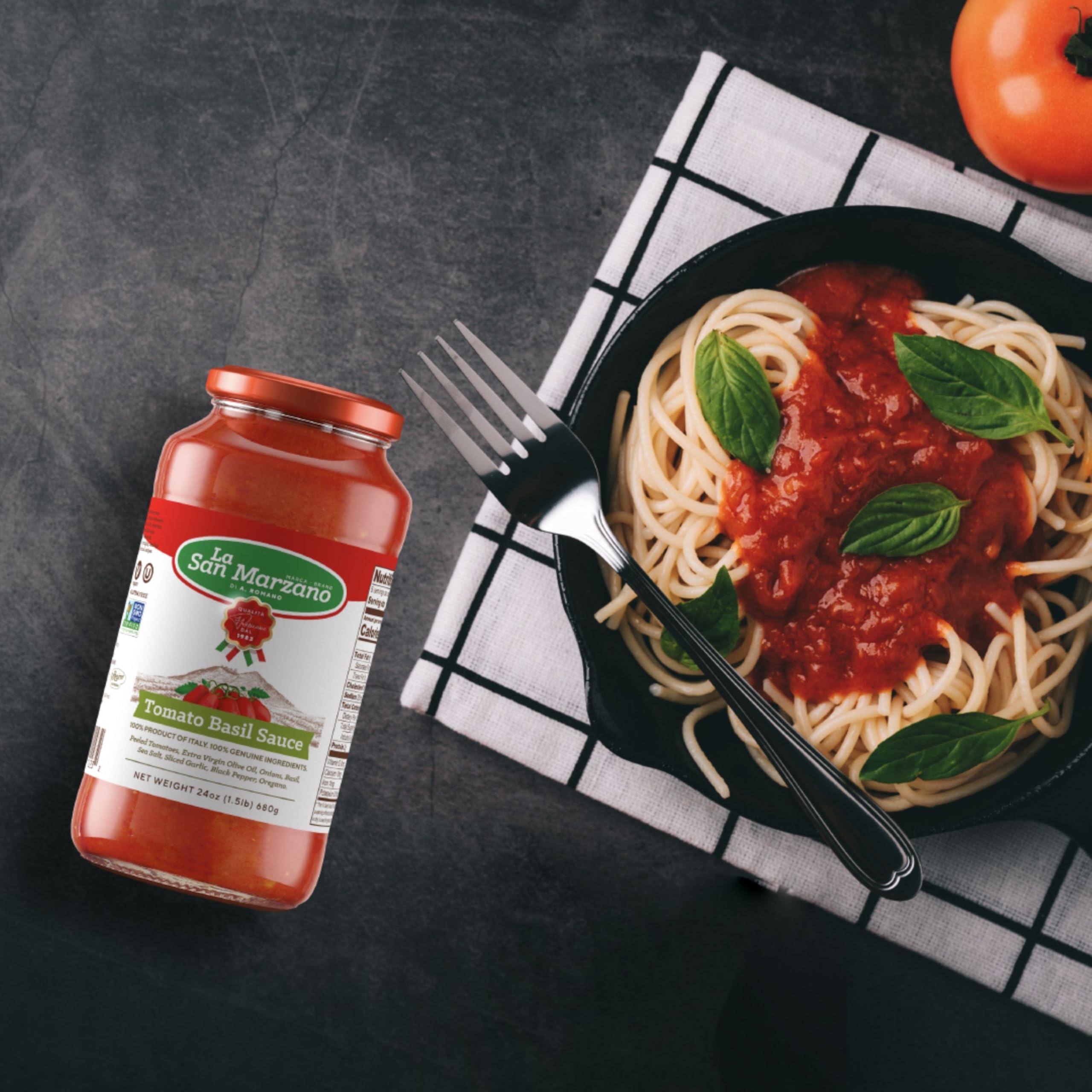 LA SAN MARZANO DI A. ROMANO MARCA BRANDROMANO La San Marzano - Tomato Basil Sauce - Pasta Sauce with 100% Italian Tomatoes Made in Italy - Peeled Tomatoes with Fresh and Natural Ingredients Non GMO Tomatoes, Vegan, Gluten Free, Kosher, Mediterranean Diet 24 Ounce Jar