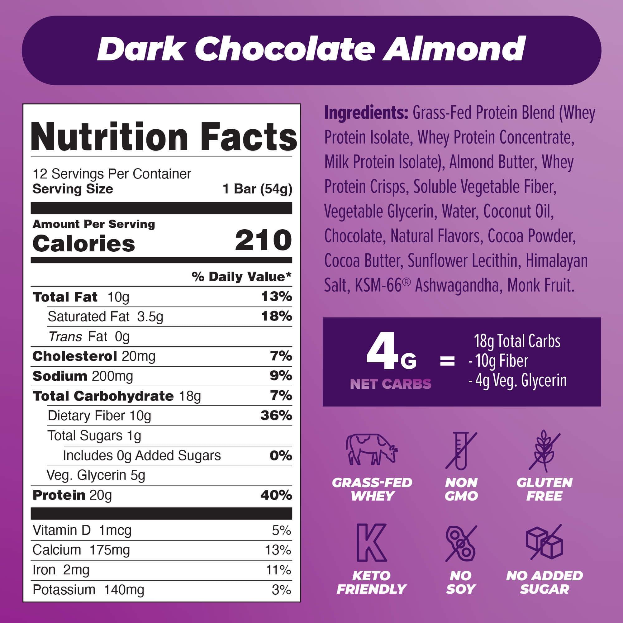 Atlas Protein Bar Atlas Protein Bar, 20g Protein, 1g Sugar, Clean Ingredients, Gluten Free (Dark Chocolate Almond, 12 Count (Pack of 2))