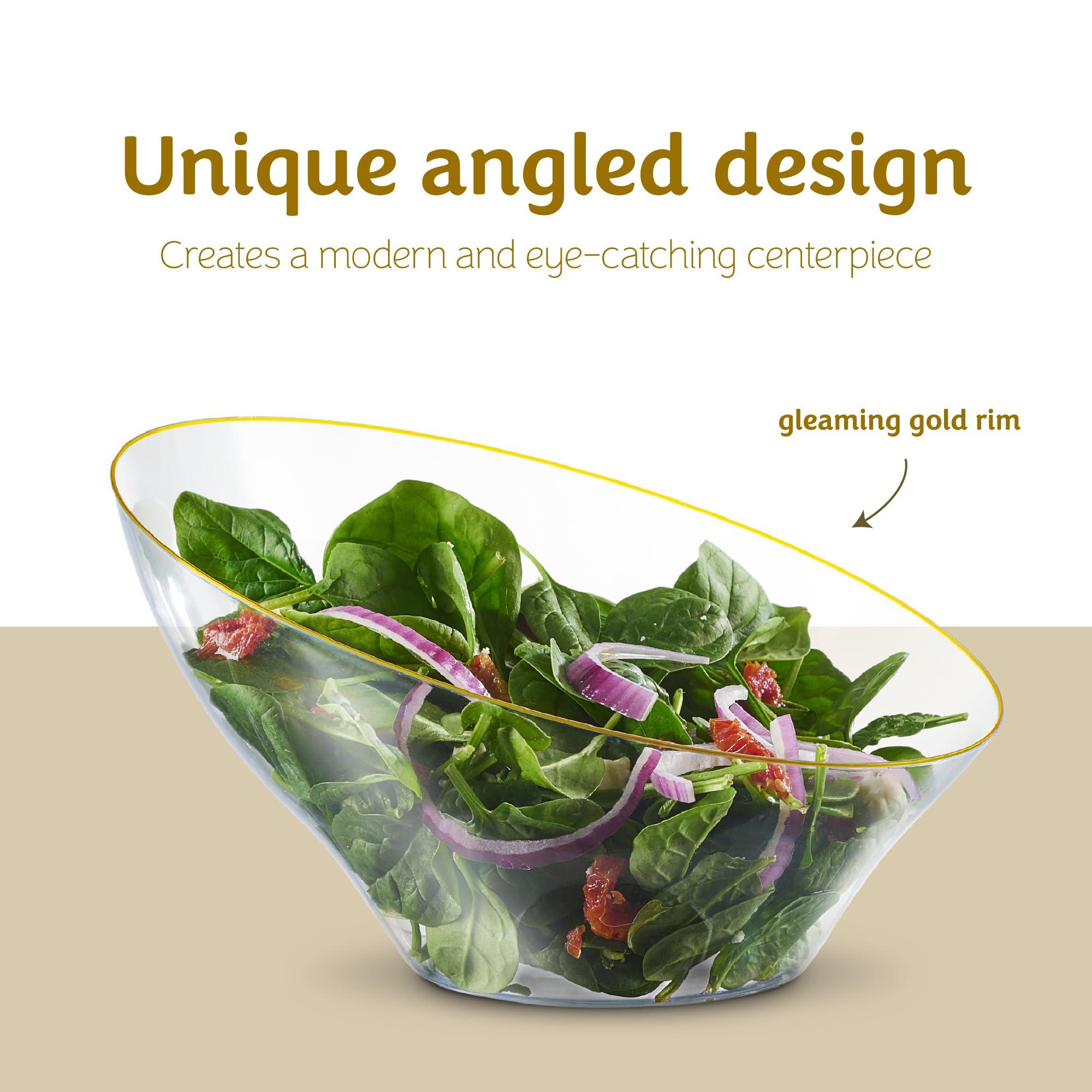 PLASTICPRO PLASTICPRO Angled Plastic Bowls Disposable Large Plastic Clear Serving Bowls with Gold Rim for Party for Appetizer Salads Pack of 4