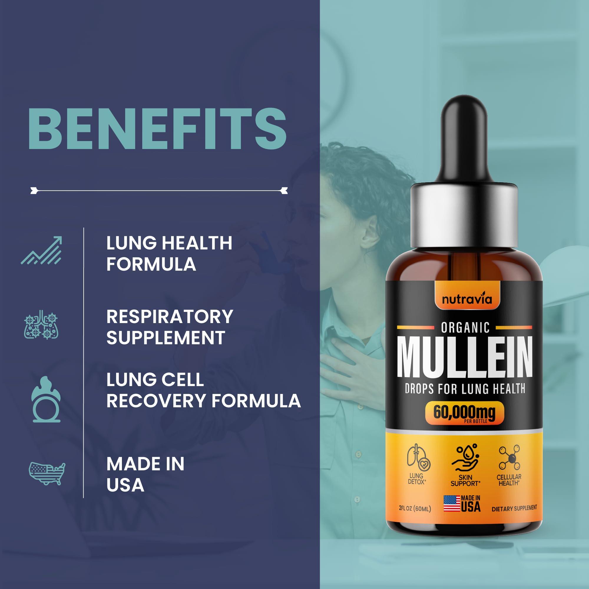 Nutravia Mullein Drops For Lungs - Extra Strength Organic Mullein Leaf Extract Tincture for Lung Health, Detox, Immune & Respiratory Support Better Lung Formula, Made in USA, Mullin Supplement Drops (2oz)
