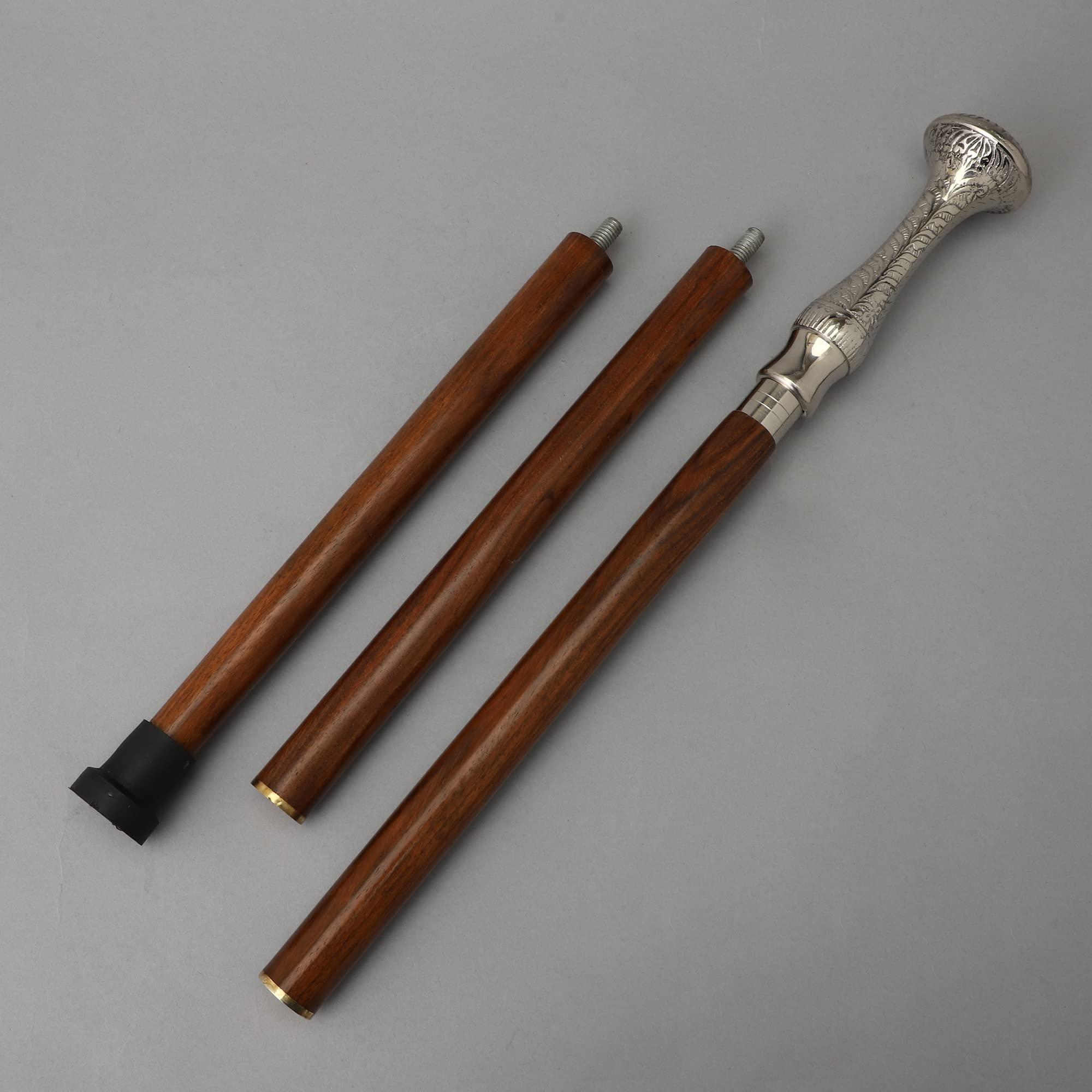 Bhartiya Handicrafts Vintage Walking Cane Wooden Walking Stick Silver Brass Handle, Premium Walking Cane for Men and Women (Long Knob)