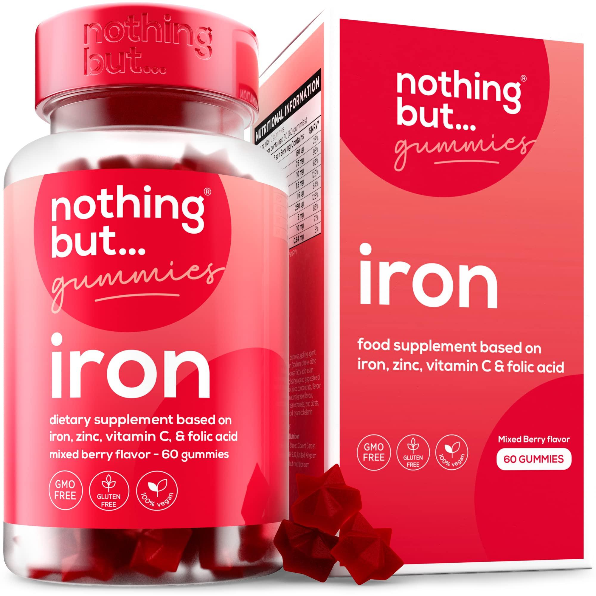 nothing BUT nutrition Natural Iron Supplement for Women and Men with a Delicious Mixed Berry Flavor - Chewable Vegan Iron Supplements w/ Vitamin C, Zinc, Folic Acid & B Vitamins - 60 Iron Gummies for Anemia