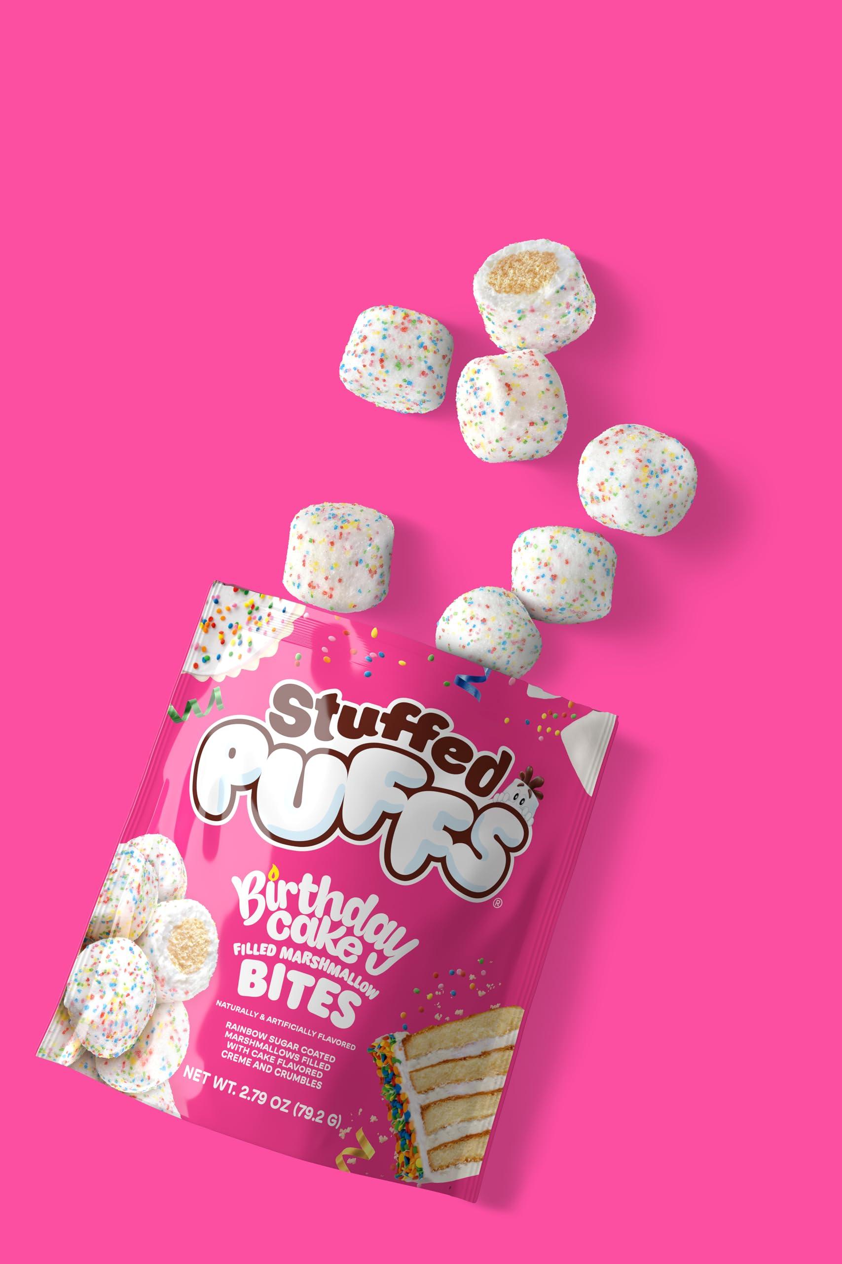 Stuffed Puffs Stuffed Puffs BITES - Birthday Cake Coated Marshmallows 8 Pack, Rainbow Sugar Coated Marshmallows Filled with Cake flavored creme and crumbles, Perfect for Snacking, 8 Bags (2.79 oz each)