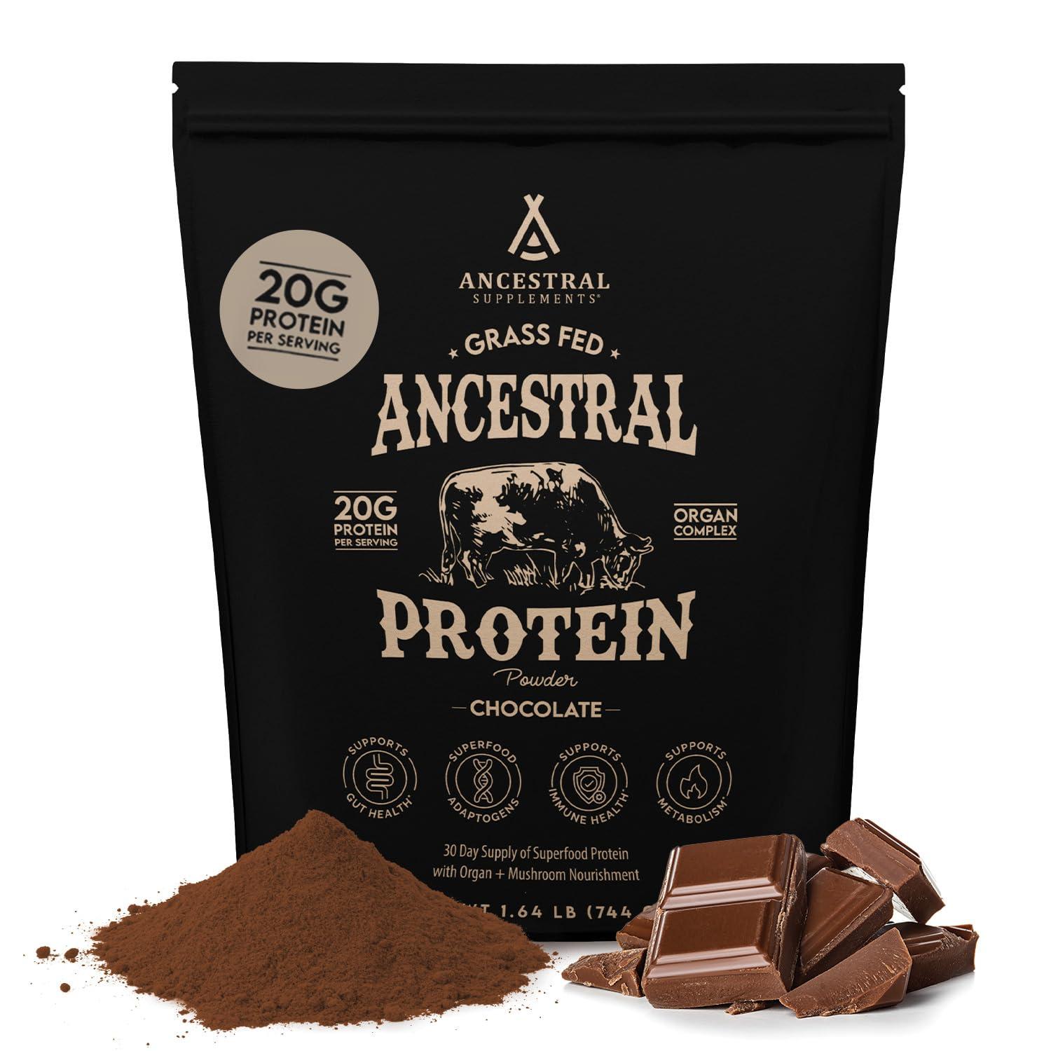 Ancestral Supplements Ancestral Supplements Grass Fed Protein Powder, Chocolate, Beef Bone Broth Based w/Beef Organs & Organic Mushrooms, Gut Health Support, High Protein Supplement, 20g Protein Per Serving, 30 Day Supply