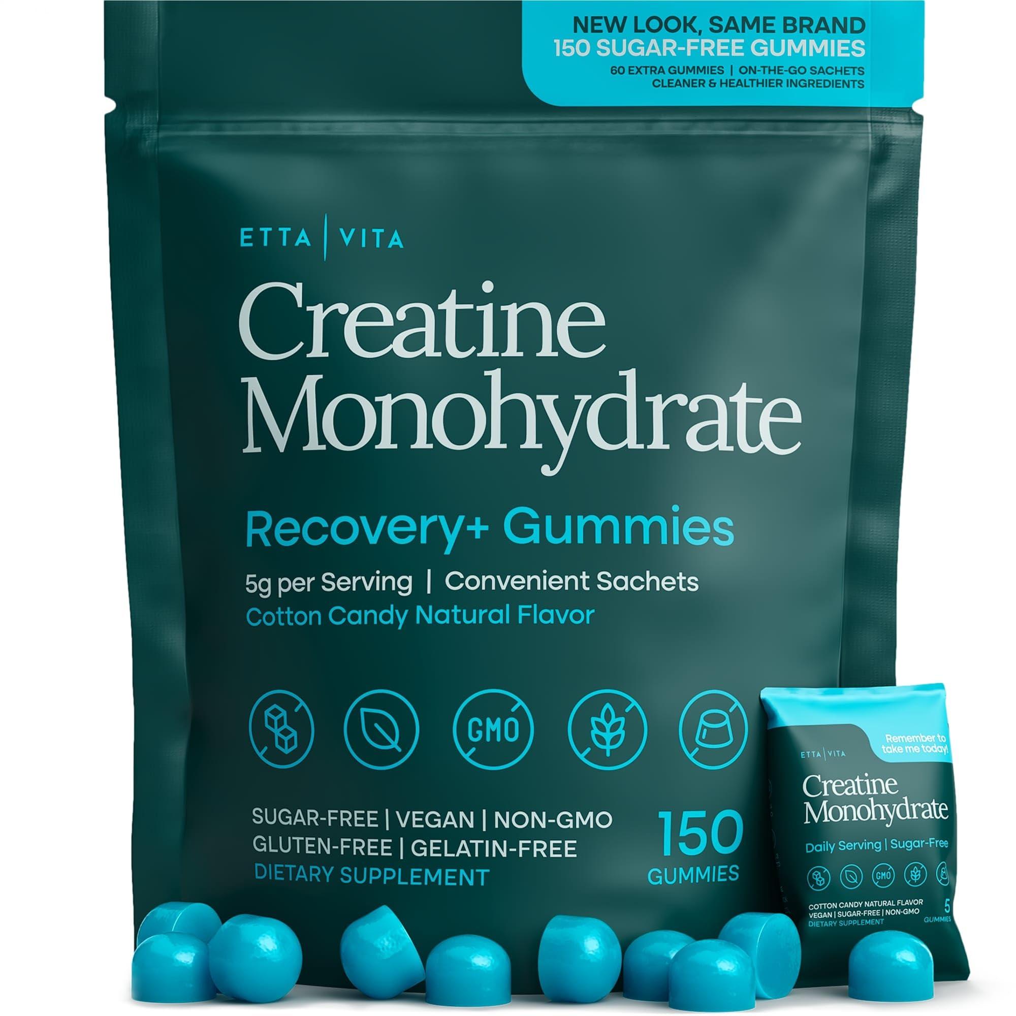 Etta Vita Sugar-Free Creatine Monohydrate Gummies (1g/Gummy) Potent Creatine Gummies for Men & Women, Creatine Supplement for Muscle Support, Cellular Energy, Cognitive Function - Non-GMO, Gluten-Free, Vegan