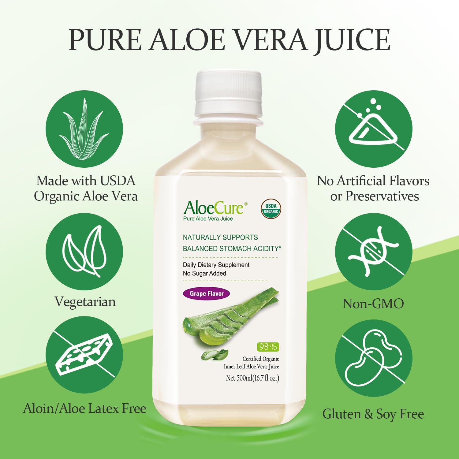 AloeCure AloeCure USDA Organic Aloe Vera Juice Grape Flavor, Made Within 12 Hours of Harvest - Pure Aloe Vera Digestive & Immune Health Supplement, Helps Maintain Balanced Stomach Acidity, 16.7oz x 4 Btls