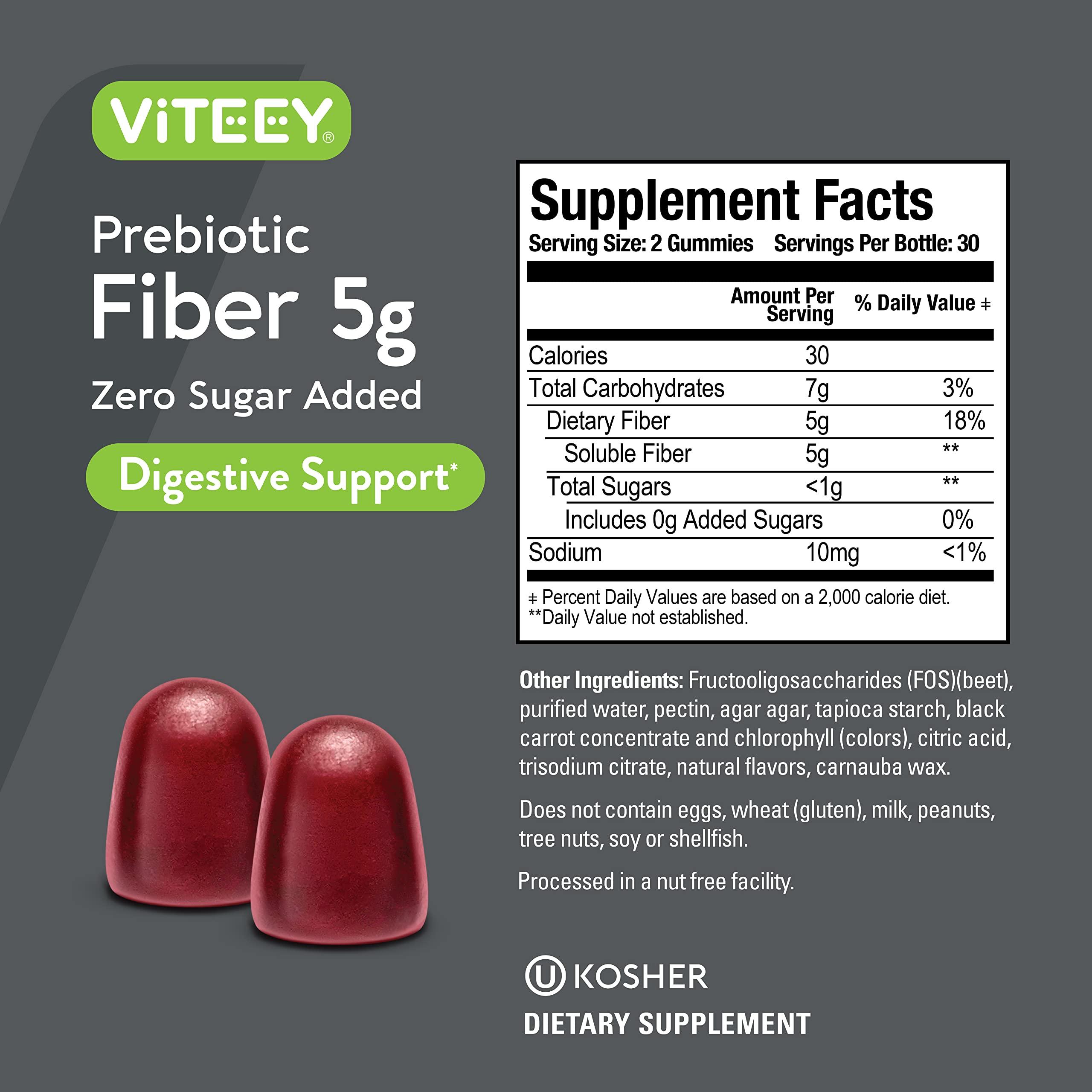 Viteey Prebiotic Fiber Gummies for Adults, 5g - Zero Sugar Added - Fiber Supplement Gummies for Digestive Health Regularity & Natural Weight Support - Vegan, Gelatin Free - Chewable Fruit Flavored Gummy