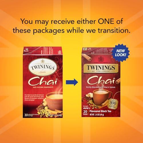 Twinings Twinings Chai Tea, Caffeinated Black Tea Naturally Flavored with Aromatic Spices and Ginger, Tea Bags Individually Wrapped, 20 Count Ea (Pack of 2)
