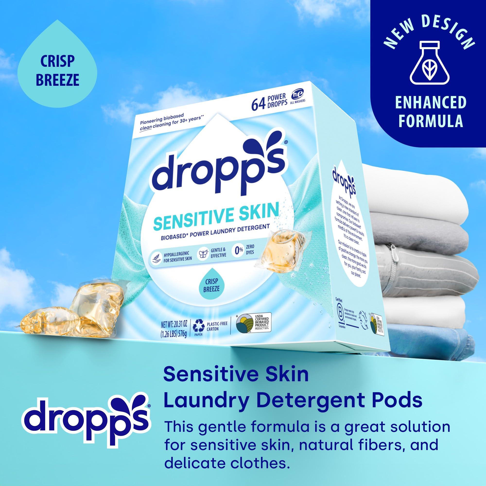 dropps Dropps Sensitive Skin Laundry Detergent Pods, Crisp Breeze (64 Tablets) - Dermatologist Tested Laundry Pods - HE Compatible Laundry Supplies for Clean Clothes, Vegan & Dye-Free