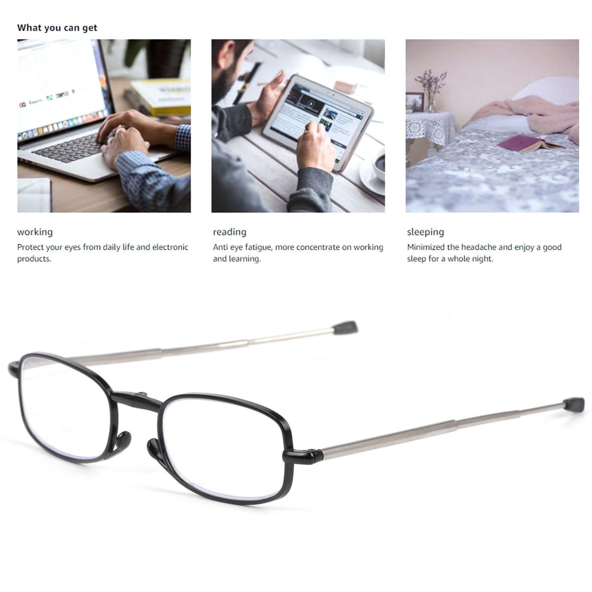 VANANA VANANA Foldable Blue Light Blocking Reading Glasses, Telescopic Glasses Legs Reader with Portable Zipper Bag Keychain (Black (2 Pairs), 2.5, multiplier_x)