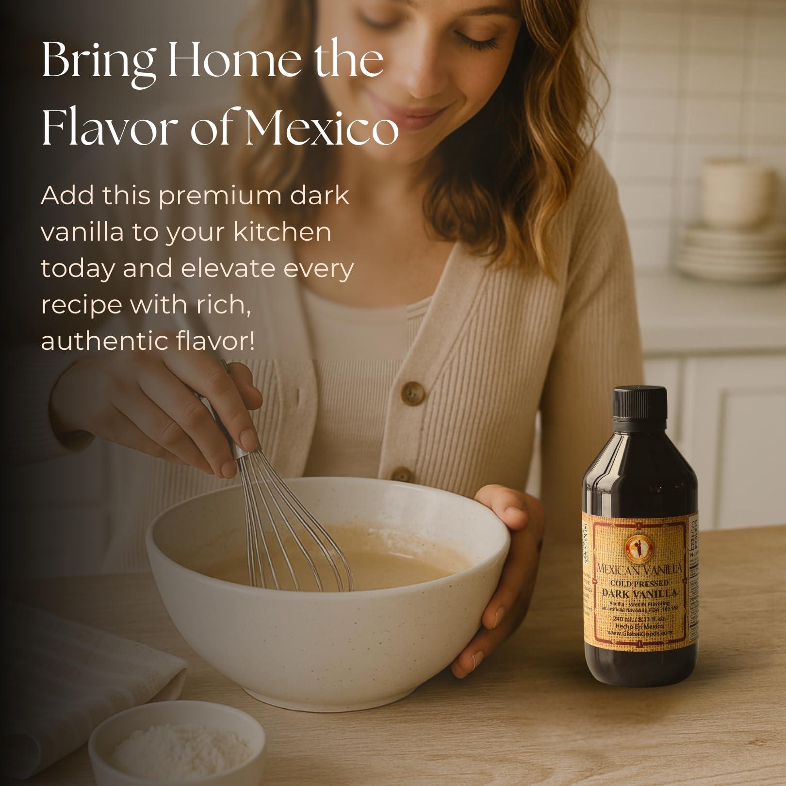 Global Goods Inc. Helping Others Help Themselv Pure Dark Mexican Vanilla Extract Gluten-Free Vanilla for Baking, Cakes, Cookies, Desserts, Coffee & Beverages (8.12 fl oz) Natural, No Coumarin, Bold Flavor